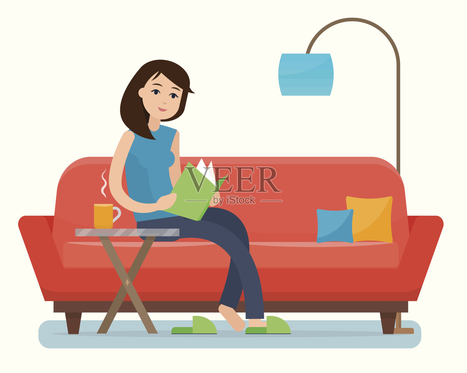 年轻女子在家里的沙发上看书。设计元素图片