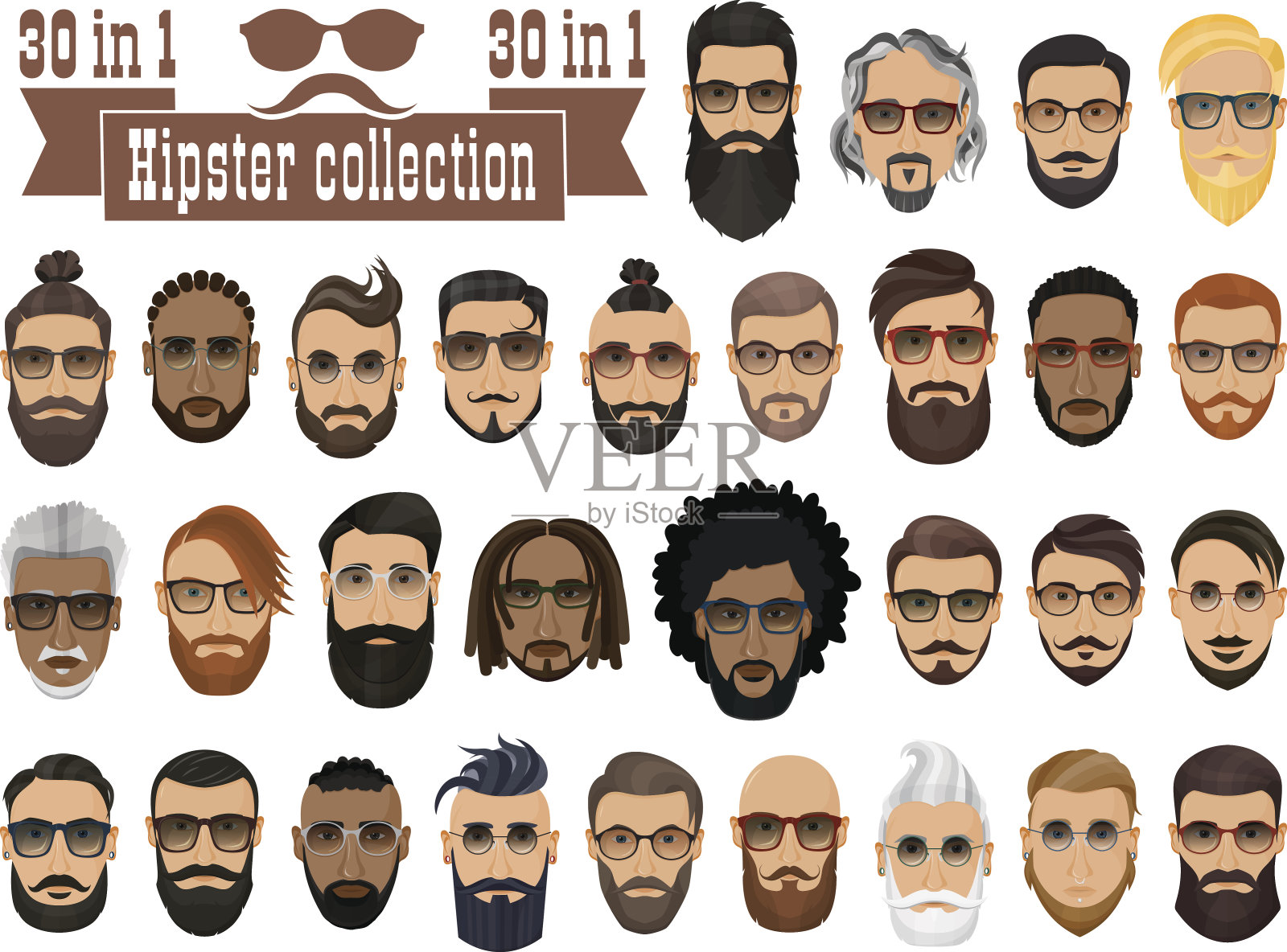 Superset的30嬉皮大胡子男人有不同的发型，小胡子，胡子孤立在白色的背景。插画图片素材