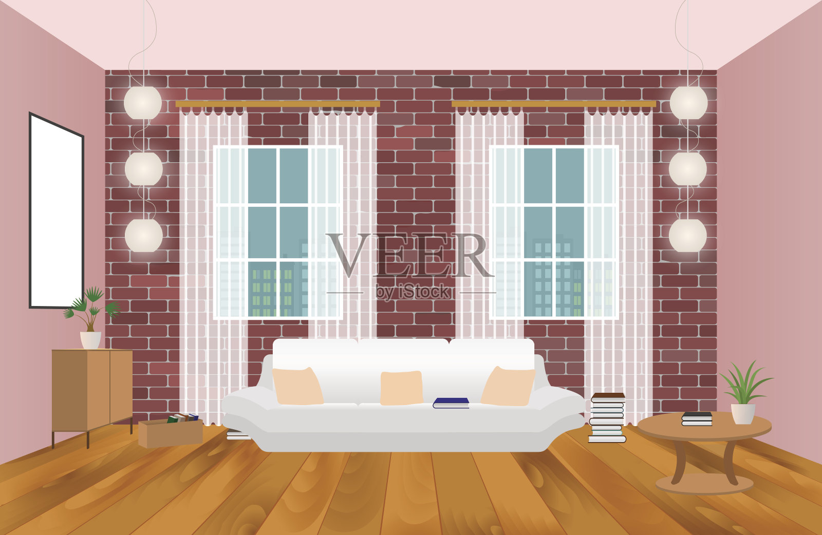 时尚风格的客厅内部有框架，沙发，灯具和木地板。插画图片素材