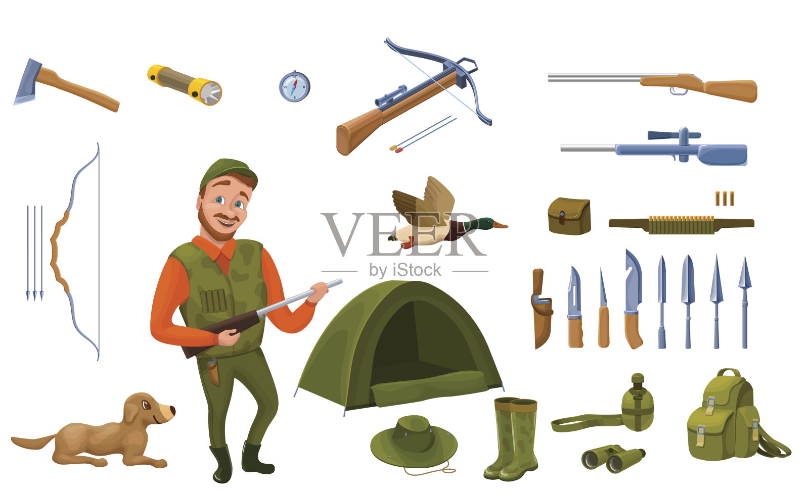 猎人卡通设定与男性角色，狗，枪，帽子，指南针，插画图片素材