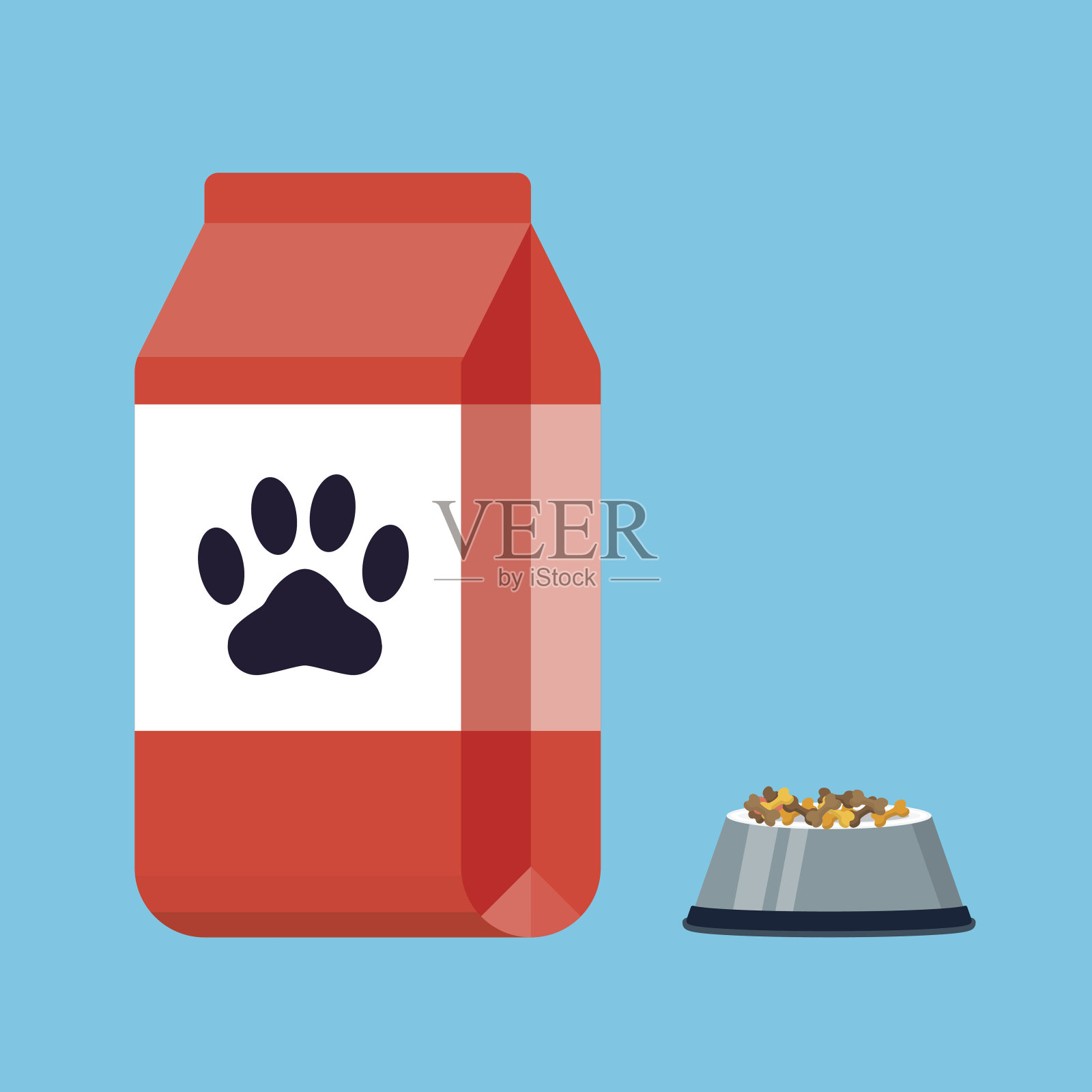 采购产品宠物食品的铝箔纸袋子包装，宠物食品碗插画图片素材