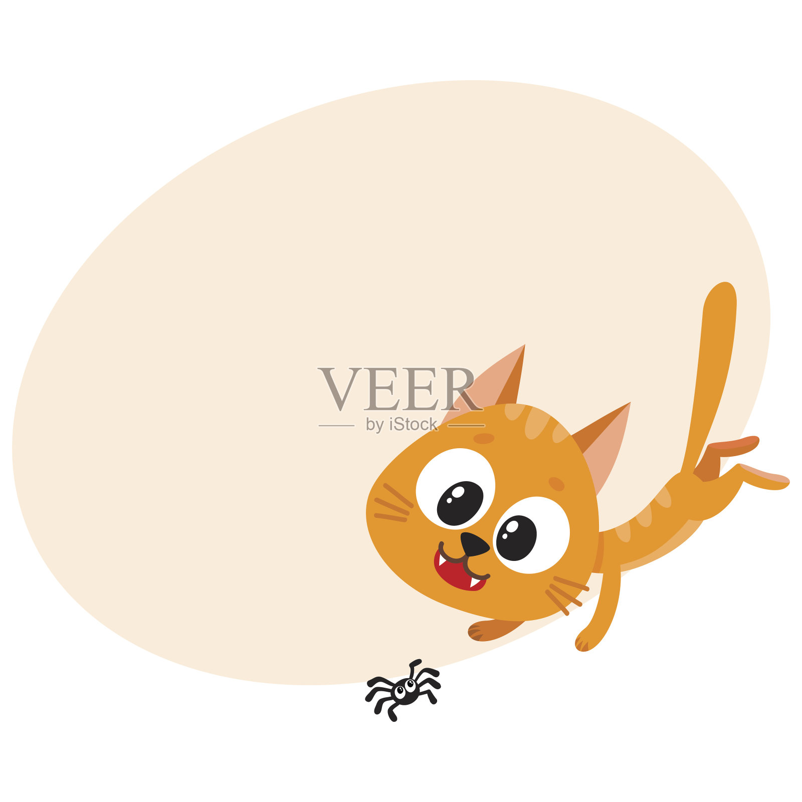可爱有趣的红猫人物追着，追着，玩着小蜘蛛插画图片素材