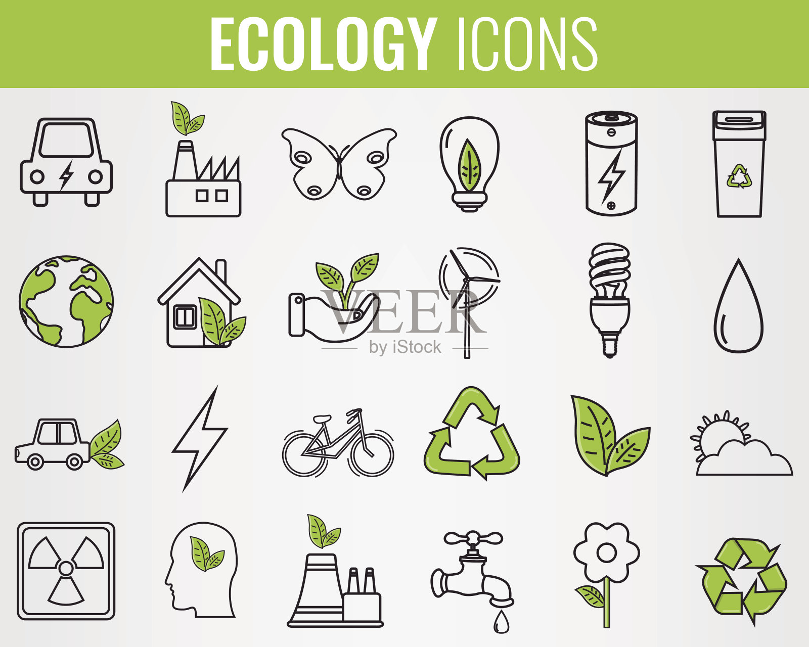 生态学的图标集。可再生能源、绿色技术的标志。手绘。向量图标素材