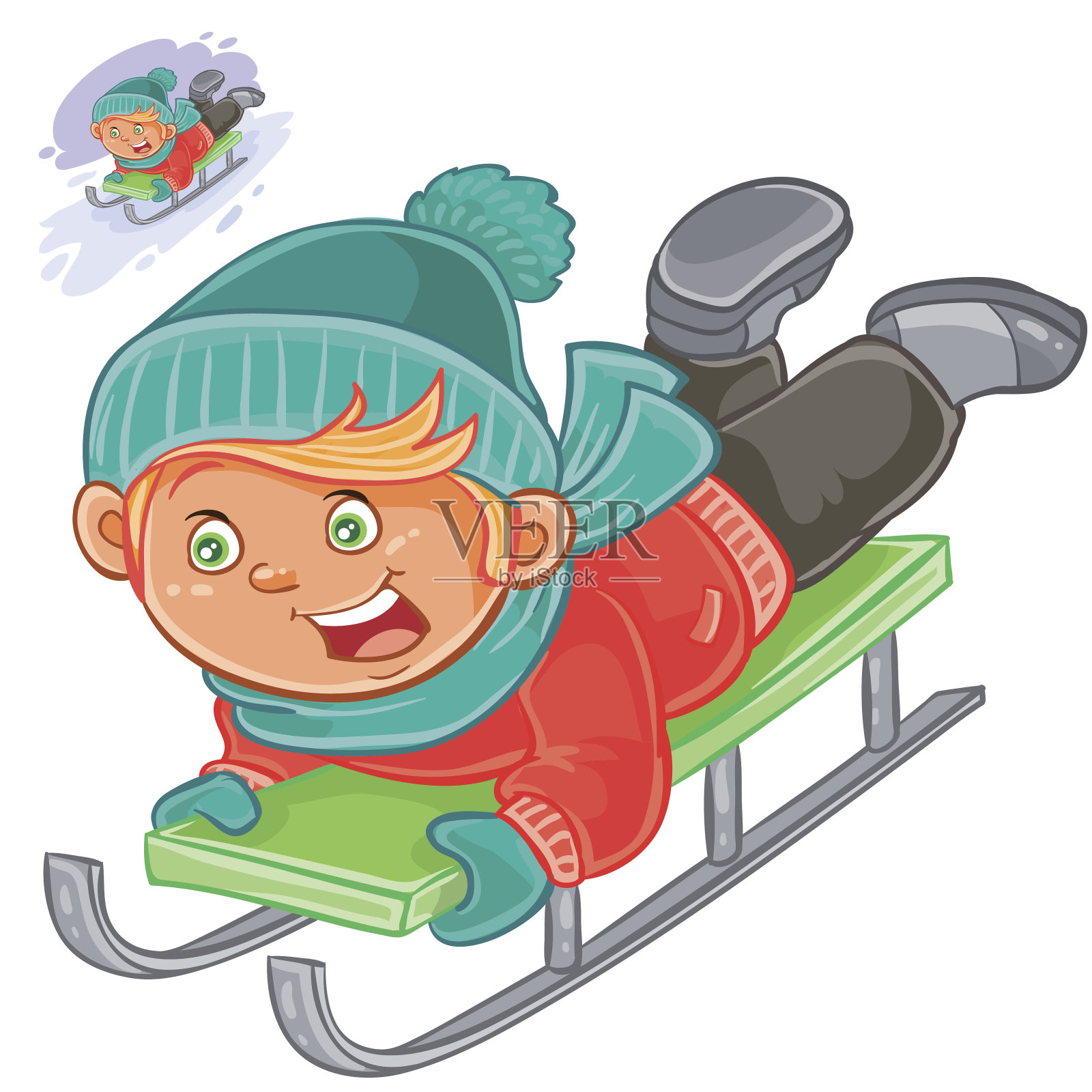 小孩在雪橇上滑行插画图片素材