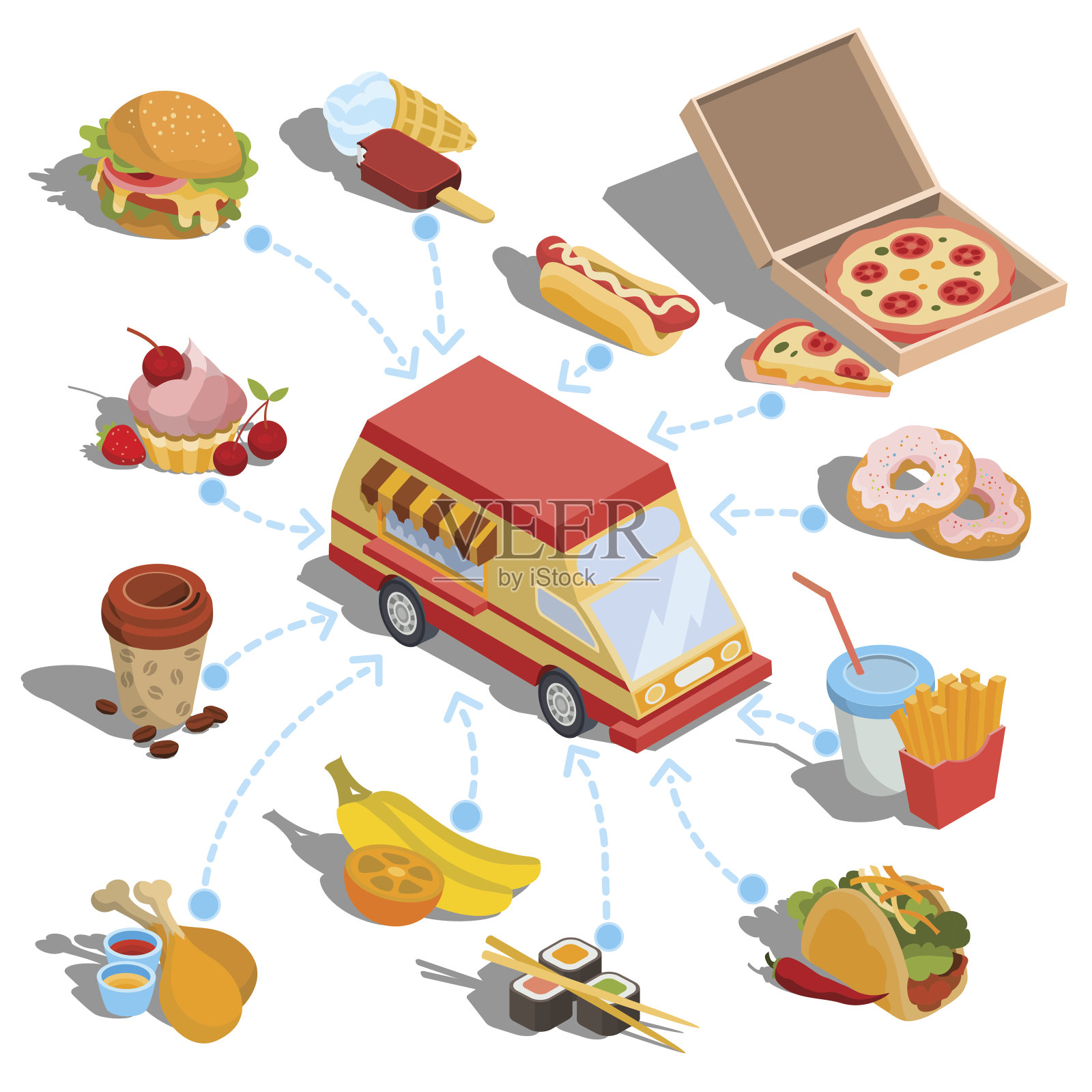 矢量等距图标-汽车快速运送食品或食品卡车，一系列图标的各种食品产品插画图片素材