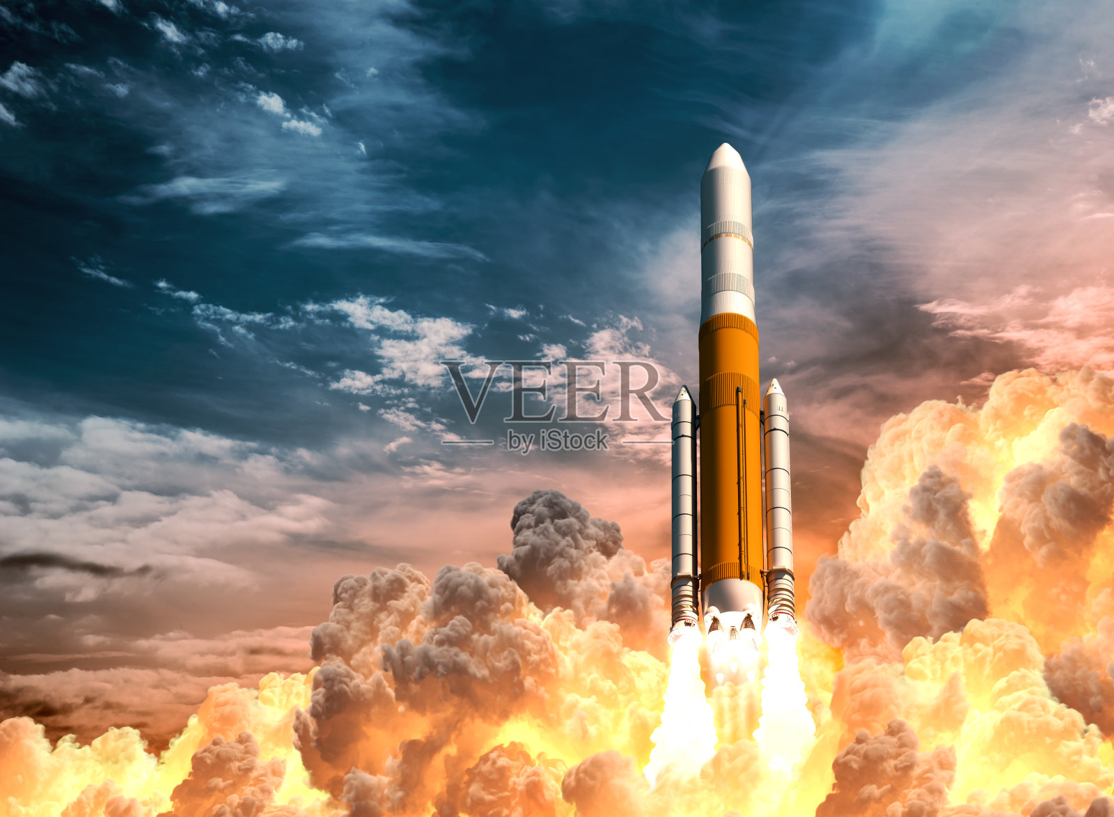 重型火箭在多云的天空背景下发射插画图片素材