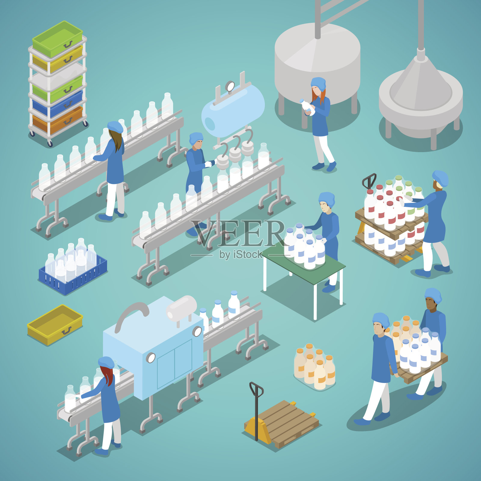 牛奶工厂自动化生产等距插画图片素材