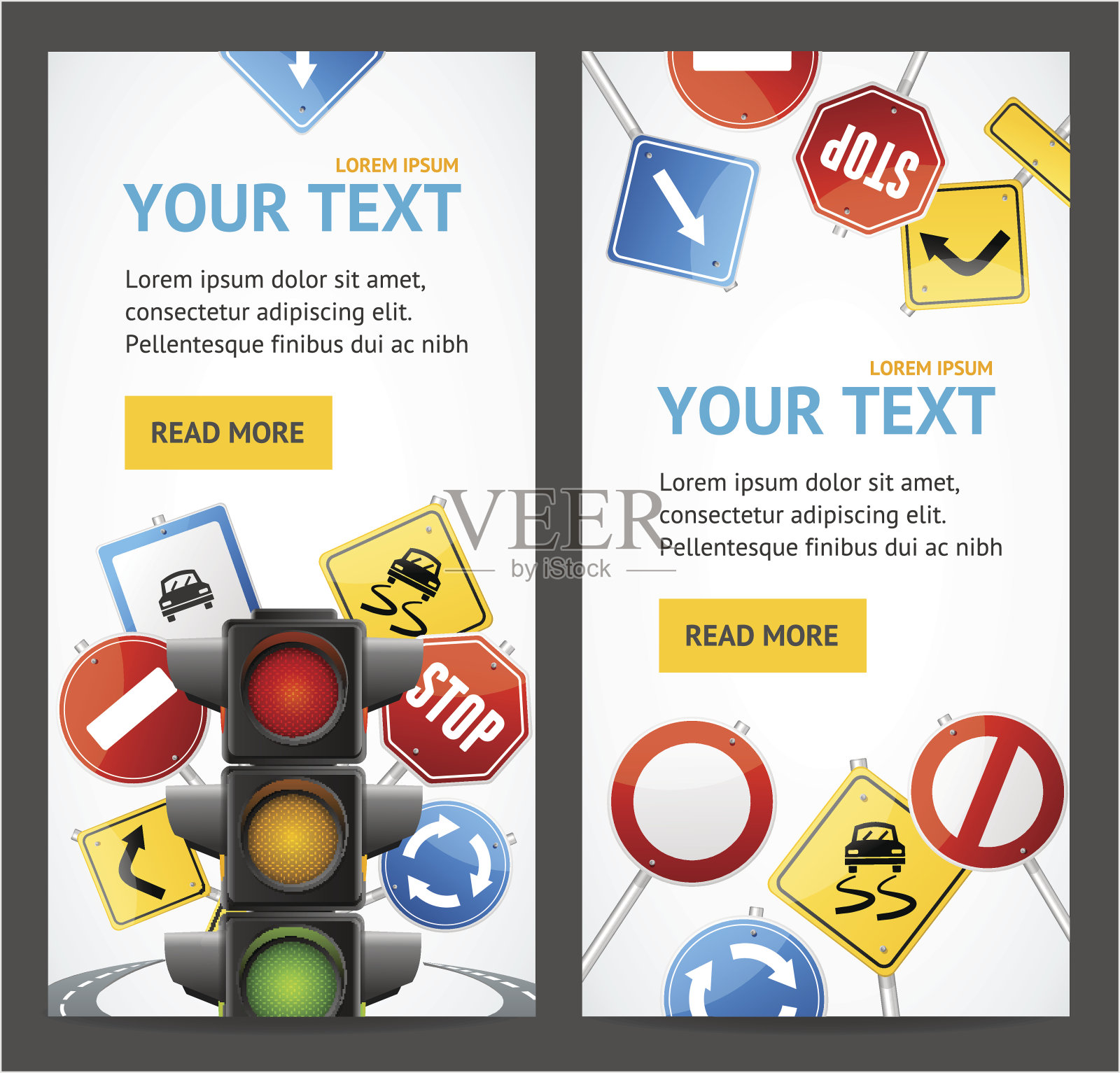道路标志驾驶学校传单横幅海报卡片套。向量插画图片素材