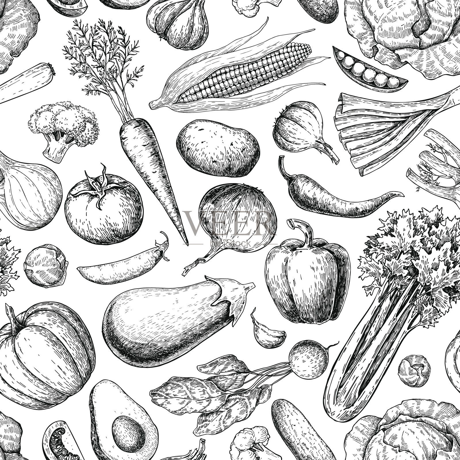 蔬菜无缝模式。手绘复古矢量背景。素食集农贸产品。插画图片素材