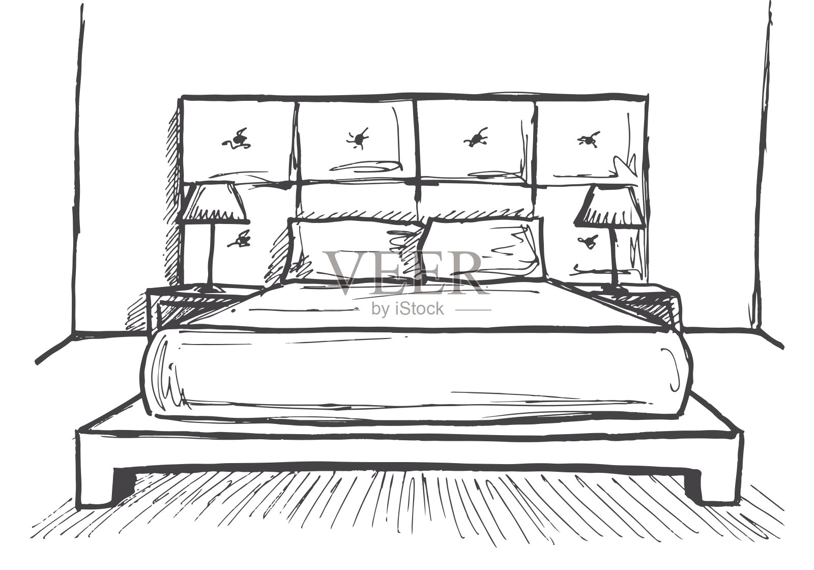 手绘草图。室内的线性草图。草图线间卧室。矢量插图。房间的计划。插画图片素材