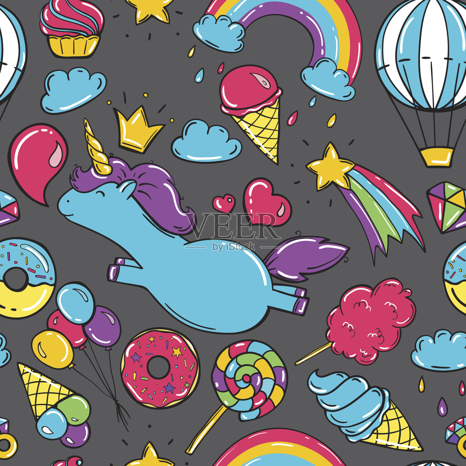 无缝图案有独角兽、彩虹甜甜圈、冰淇淋等元素。灰色背景插画图片素材
