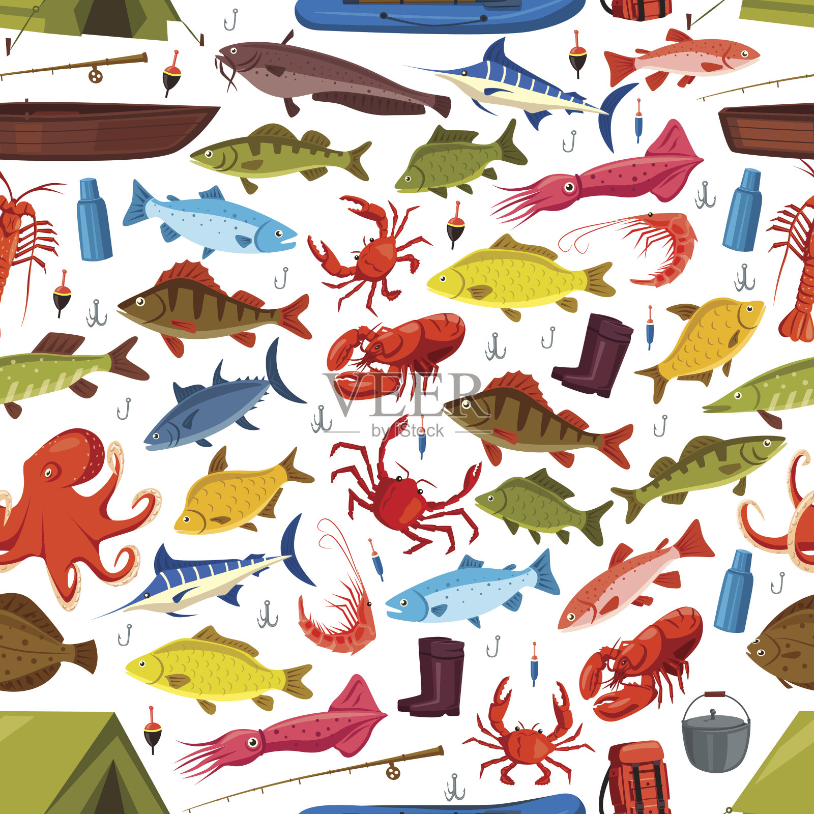 鱼类和软体动物捕鱼矢量无缝模式插画图片素材