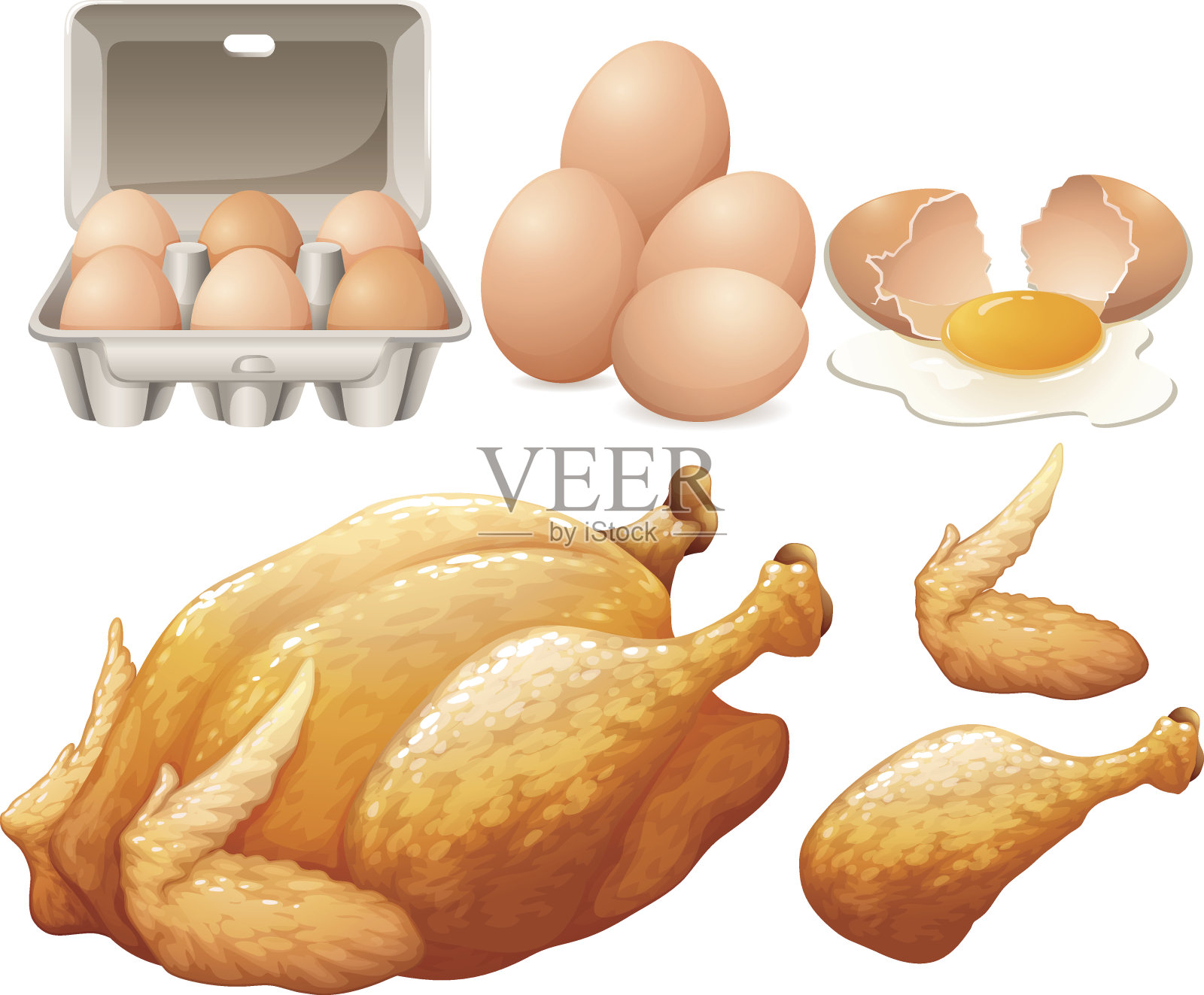 炸鸡和新鲜鸡蛋插画图片素材