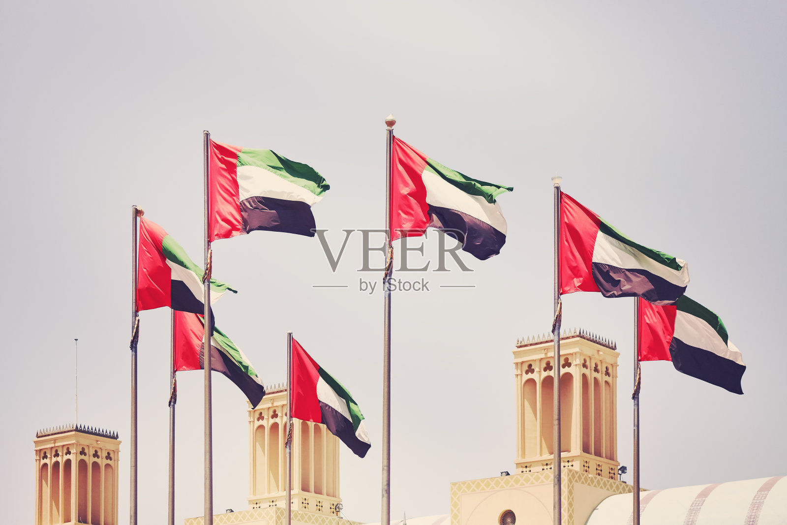 七个阿拉伯联合酋长国的国旗，阿拉伯联合酋长国。照片摄影图片