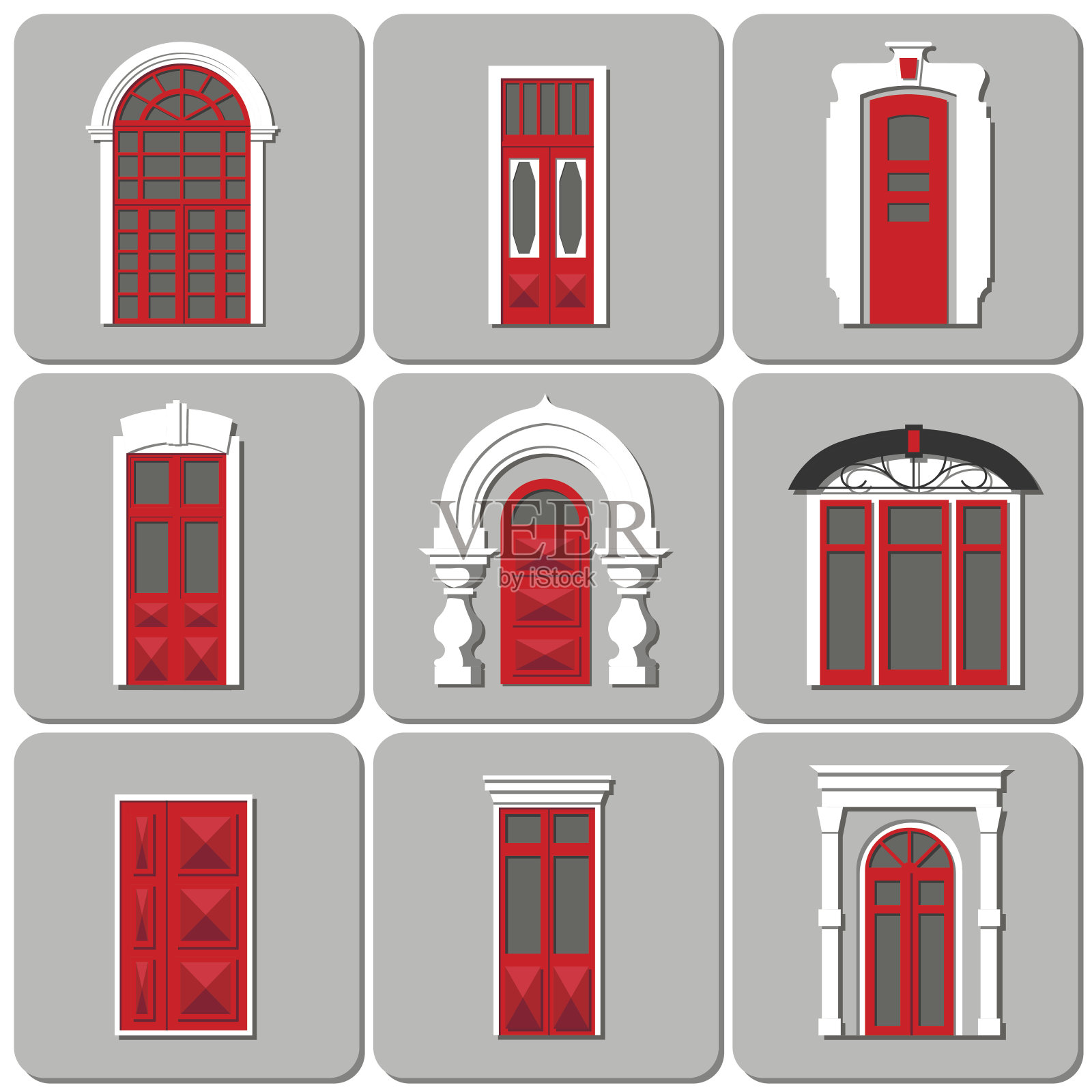 向量组的平面复古装饰红色门在灰色背景。插画图片素材