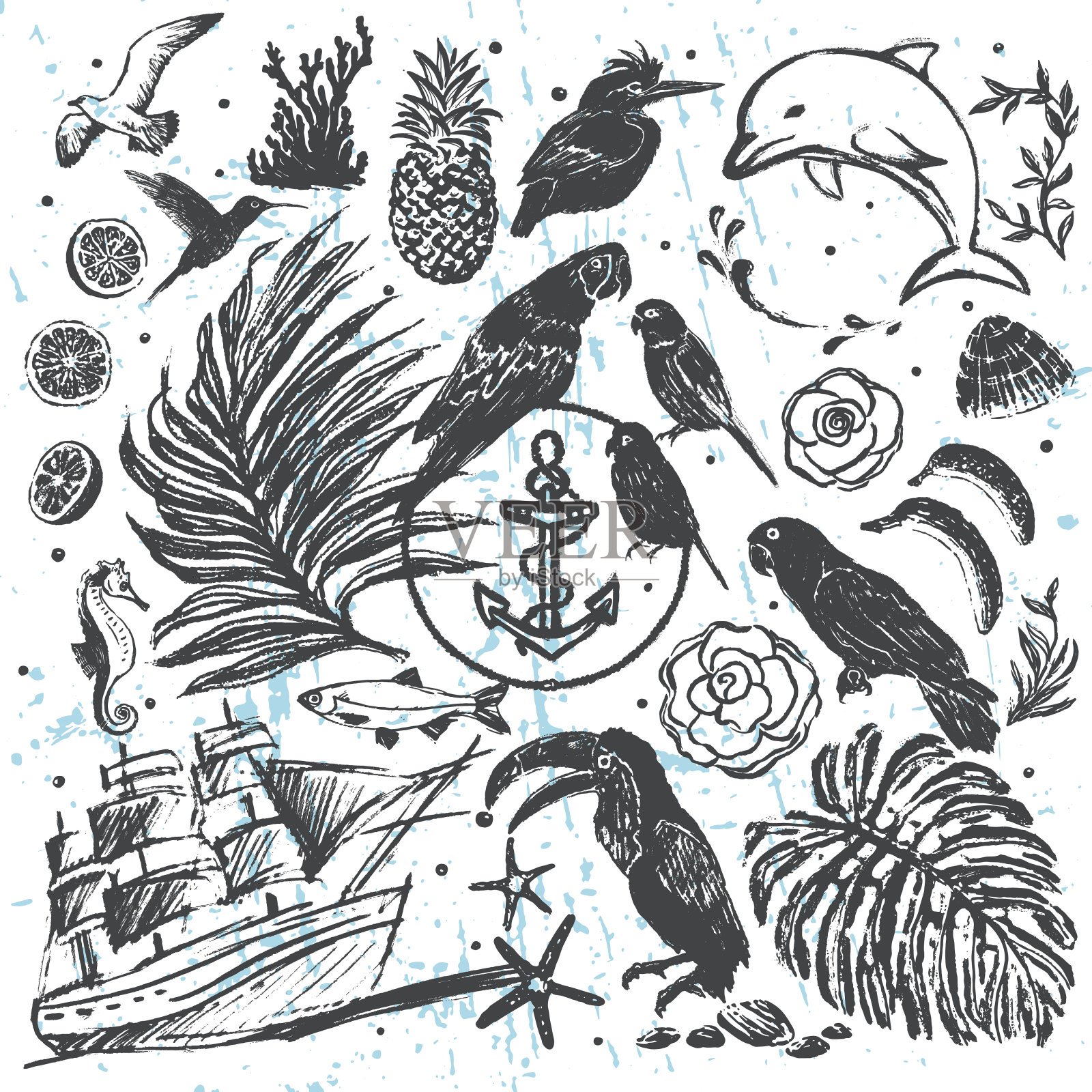 墨水手绘矢量元素所有关于热带海洋度假插画图片素材