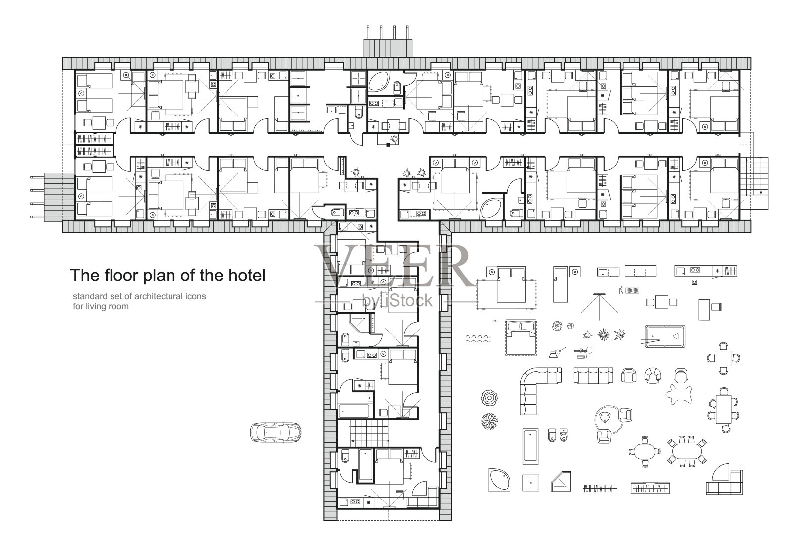 酒店的建筑平面图。标准家具符号集。插画图片素材