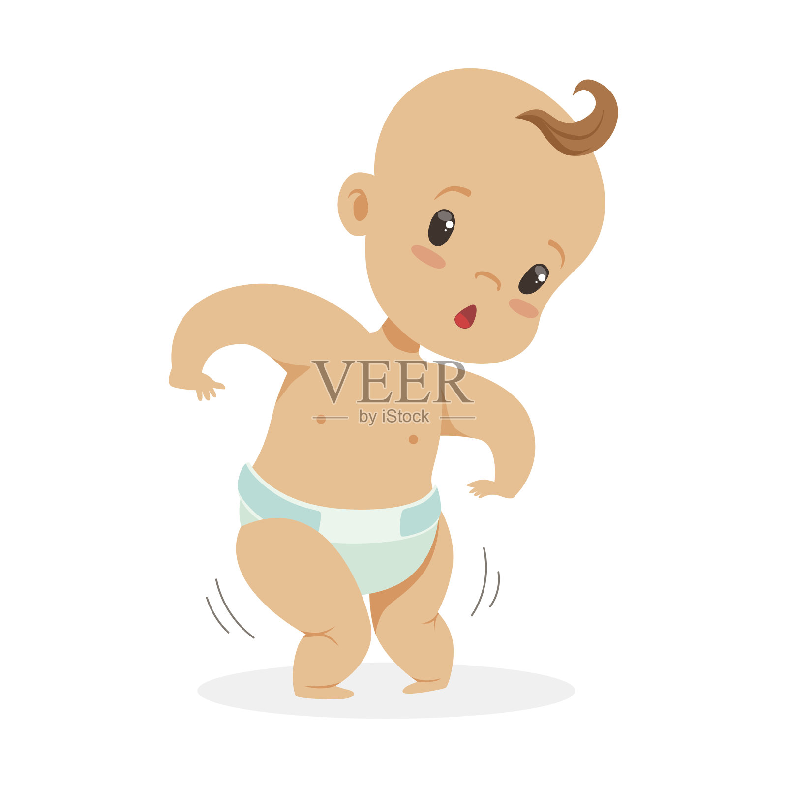 甜美有趣的婴儿在尿布试图走路，彩色卡通人物矢量插图设计元素图片