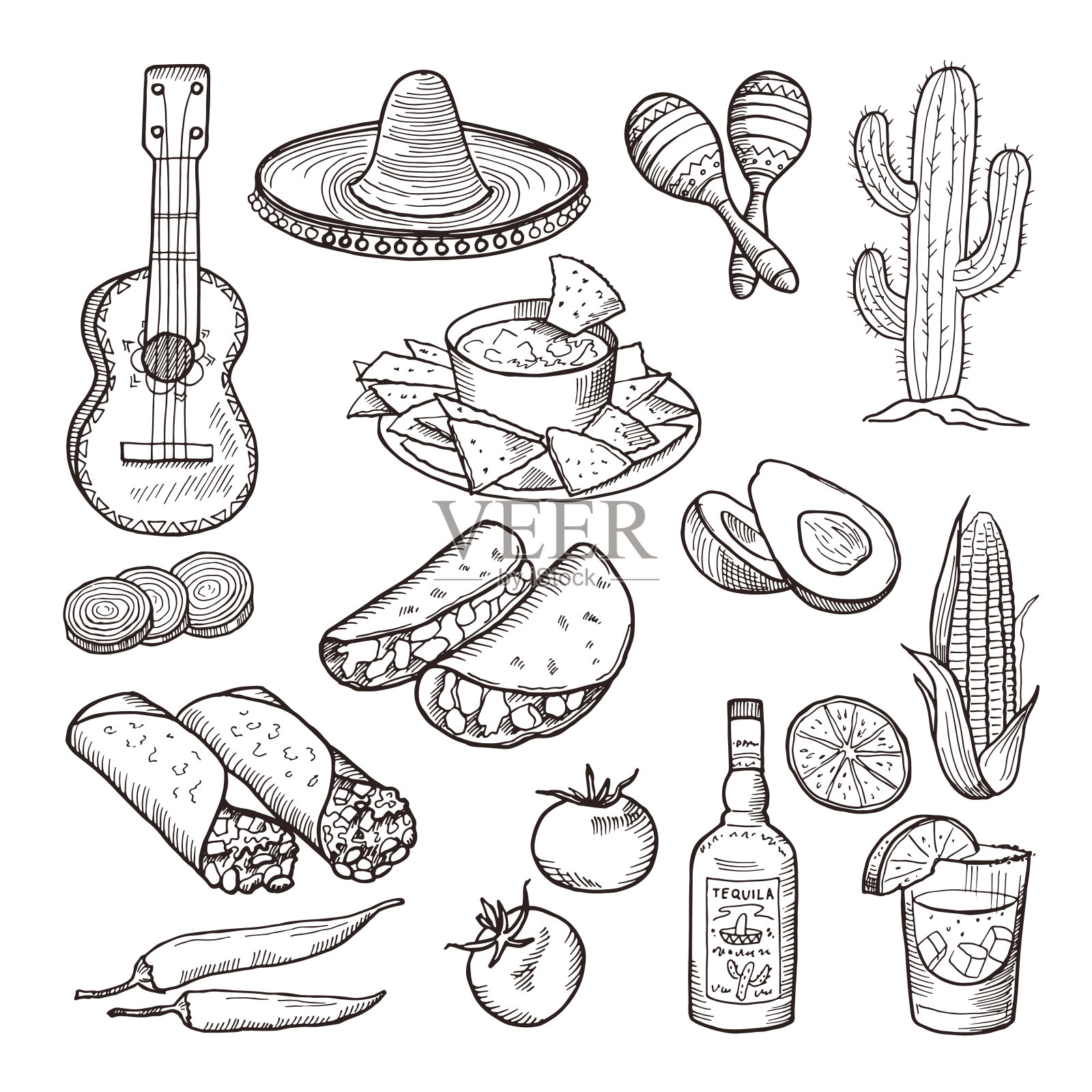 快餐和其他墨西哥文化元素。宽边帽，吉他，龙舌兰酒和墨西哥卷饼。矢量手绘集插画图片素材
