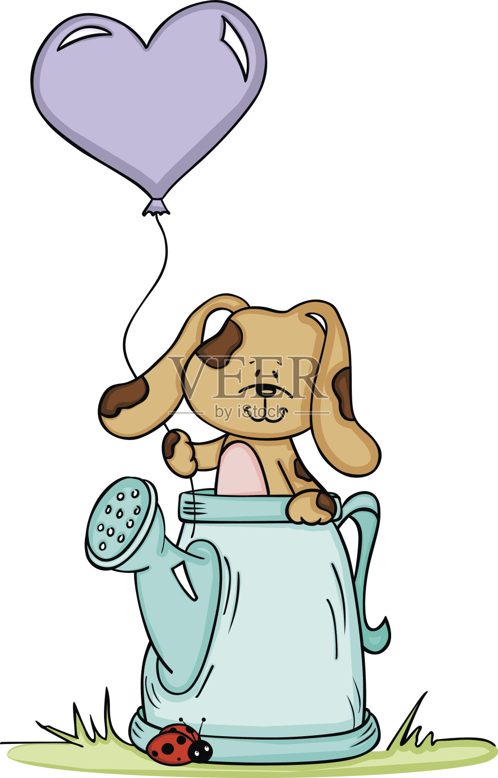可爱的狗在洒水罐和气球设计元素图片