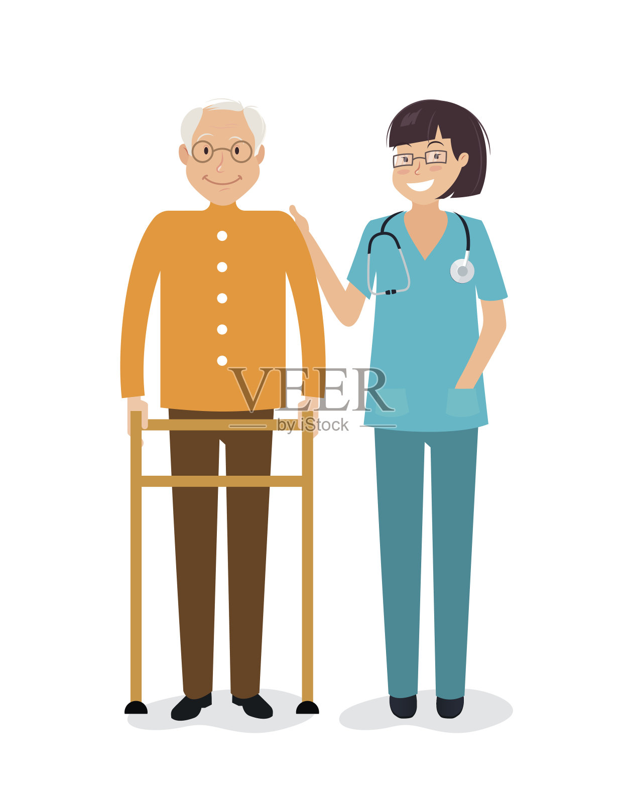 年轻女护士帮助老人使用助行架。插画图片素材
