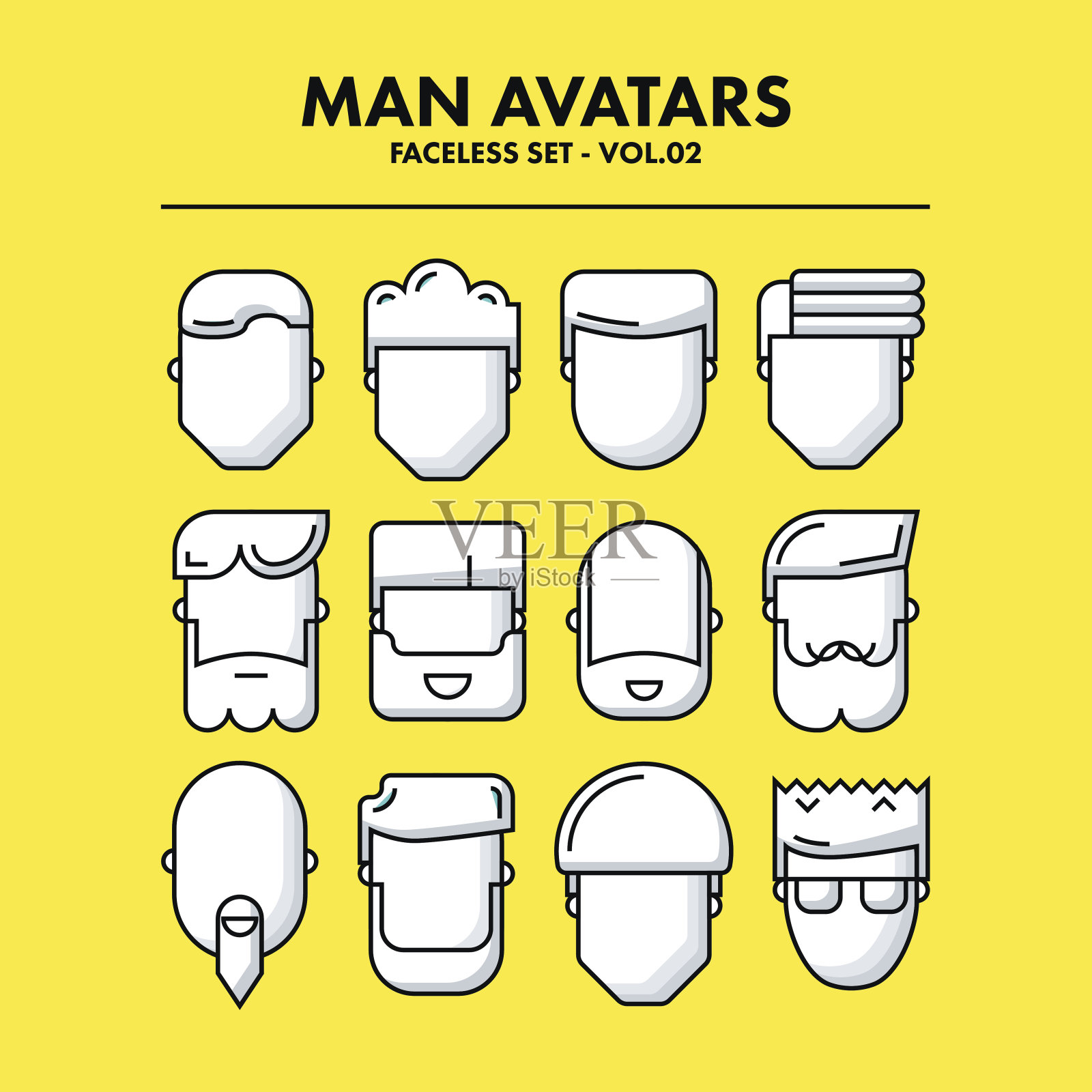 Thin Flat Line Man Avatars Icons - Faceless Set 02。插画图片素材