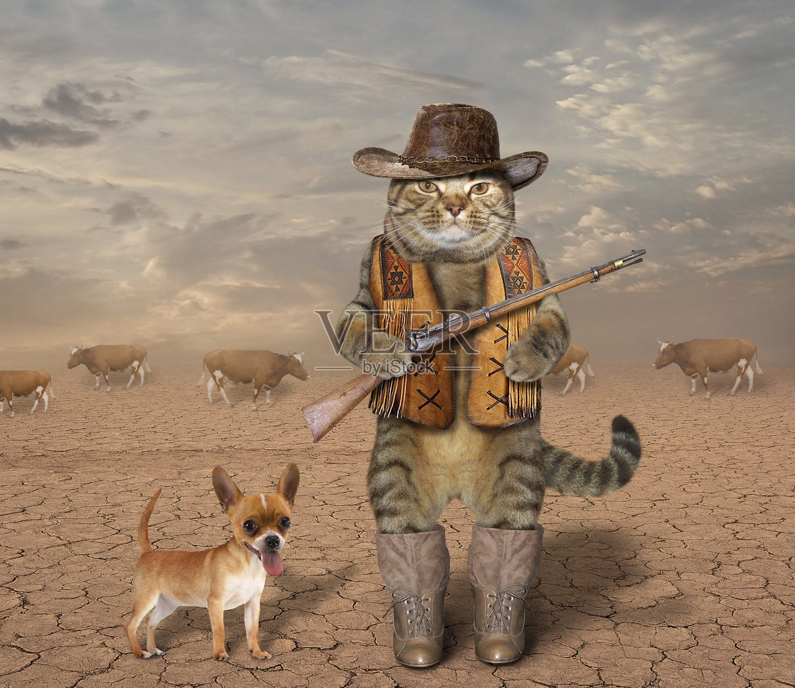 猫牛仔和他的狗插画图片素材