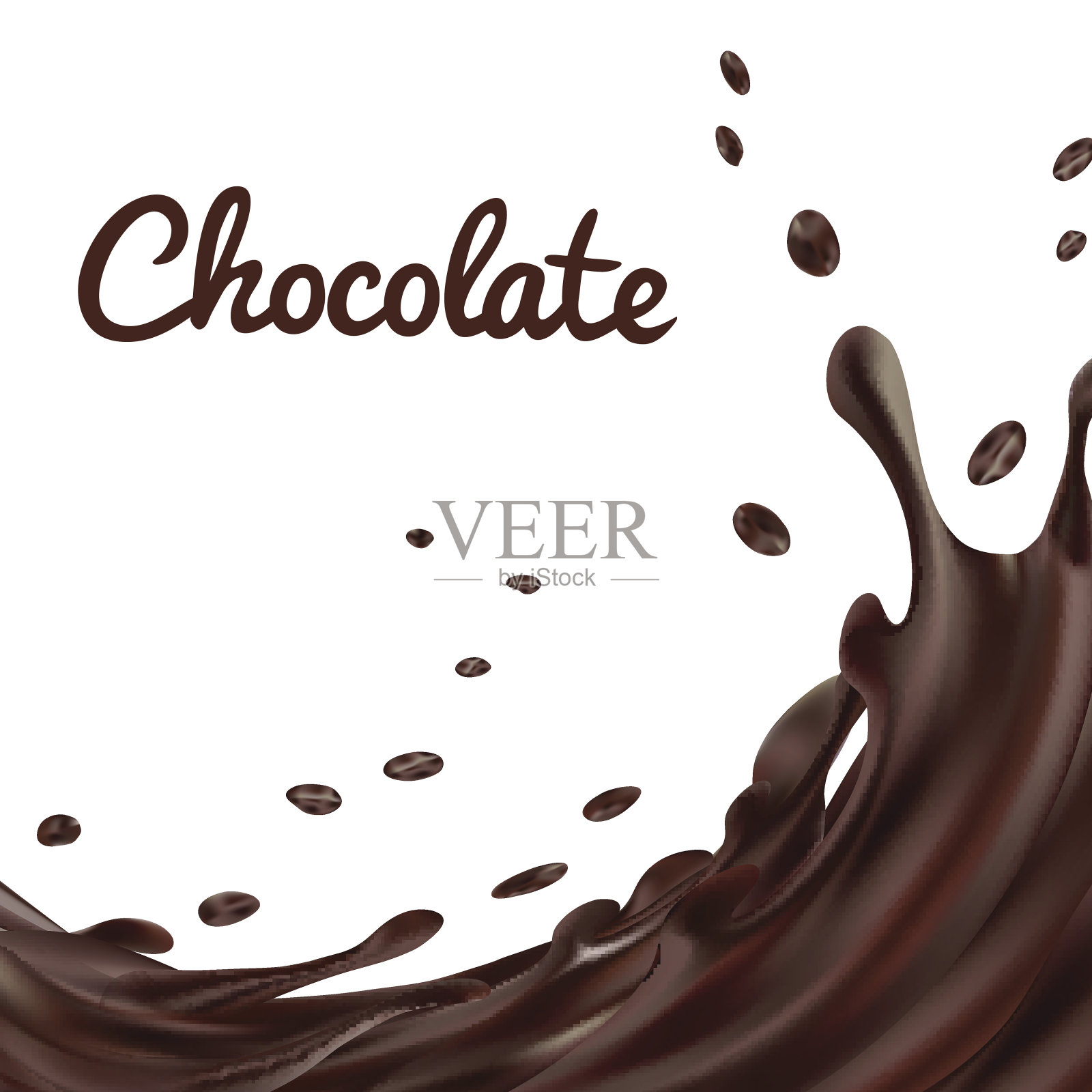 巧克力色斑的背景。棕色热咖啡或巧克力滴和螺栓隔离在白色背景，矢量3d插图插画图片素材