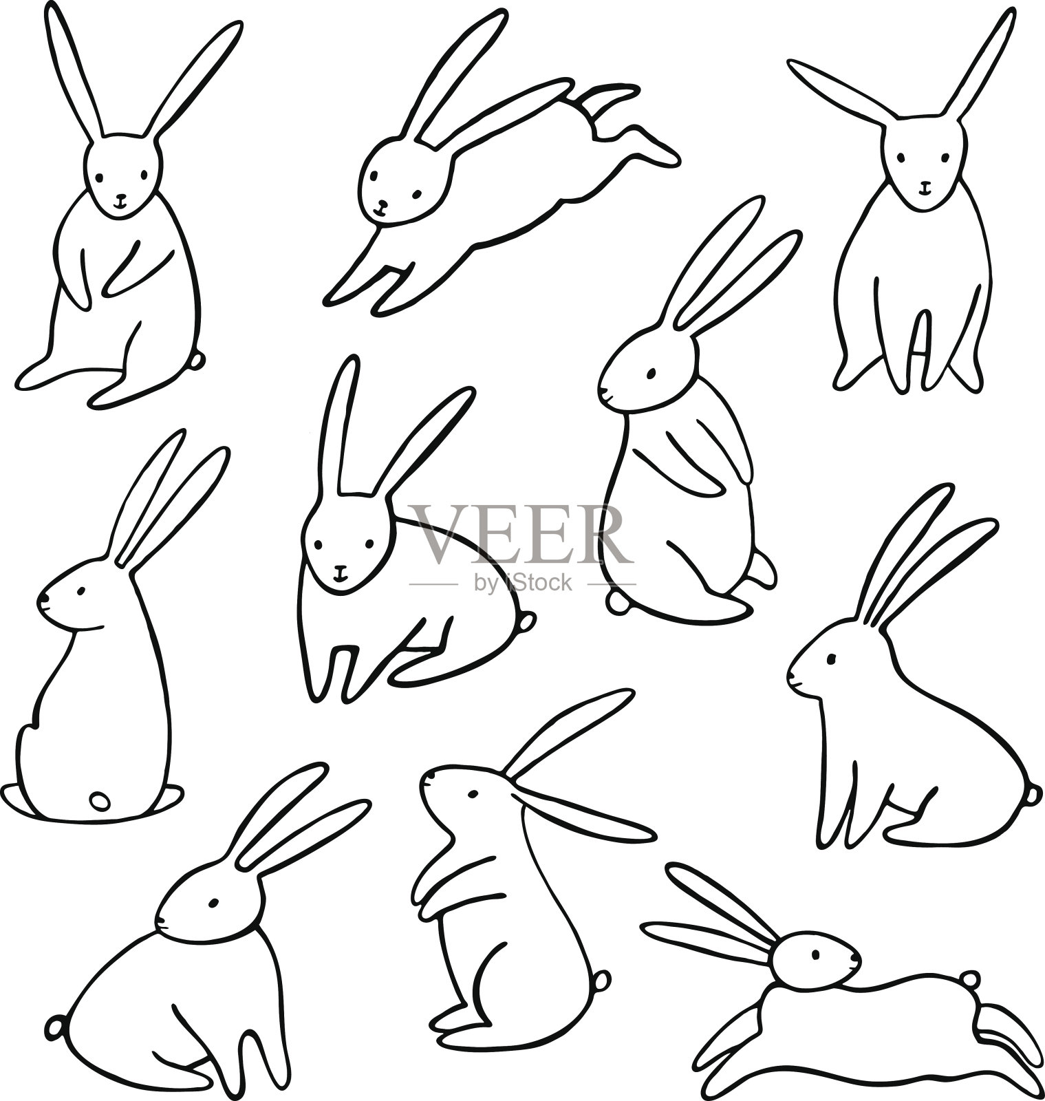 矢量兔子图标集。简单的卡通兔子孤立设计元素图片