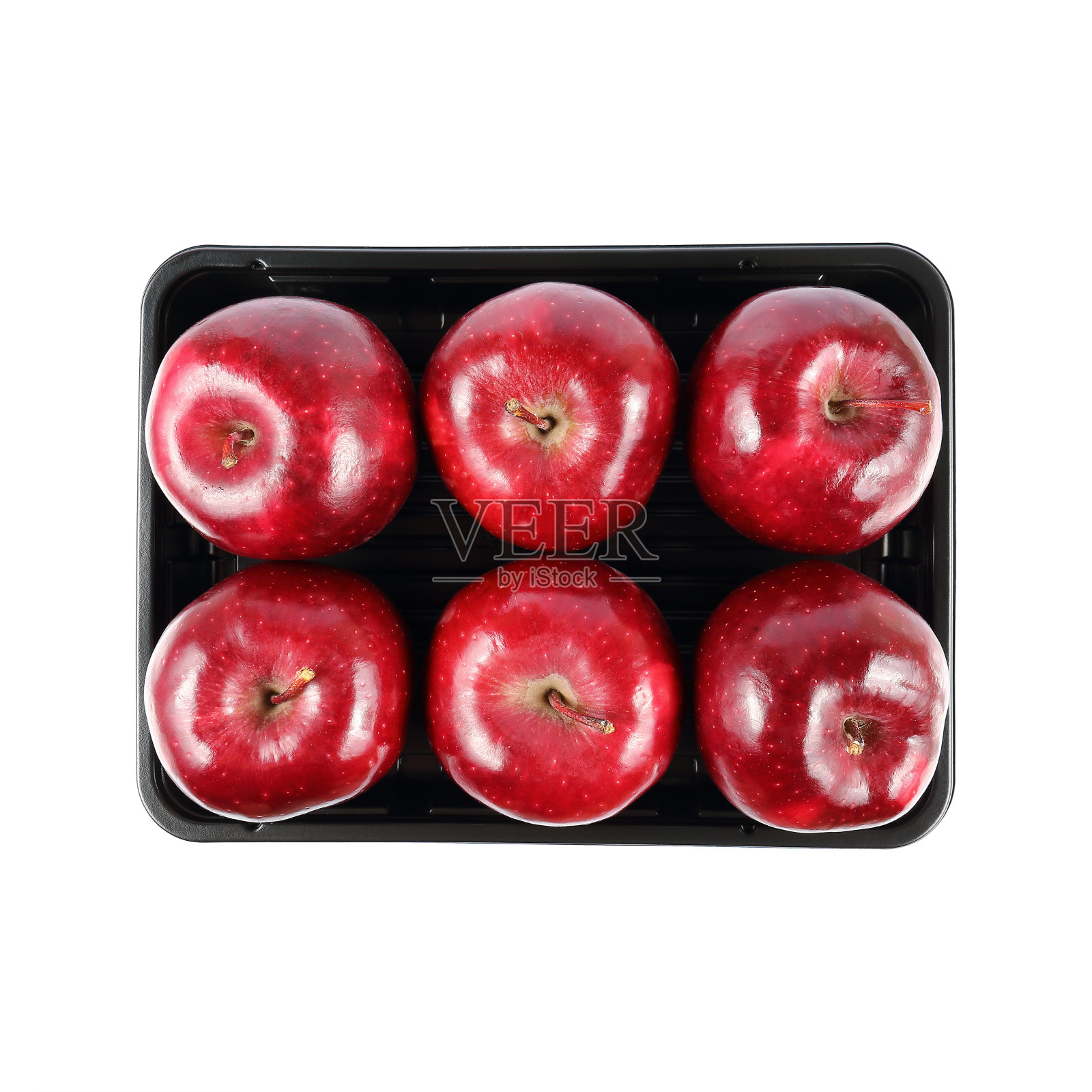 俯视六个红苹果在黑托盘上孤立在白色上照片摄影图片