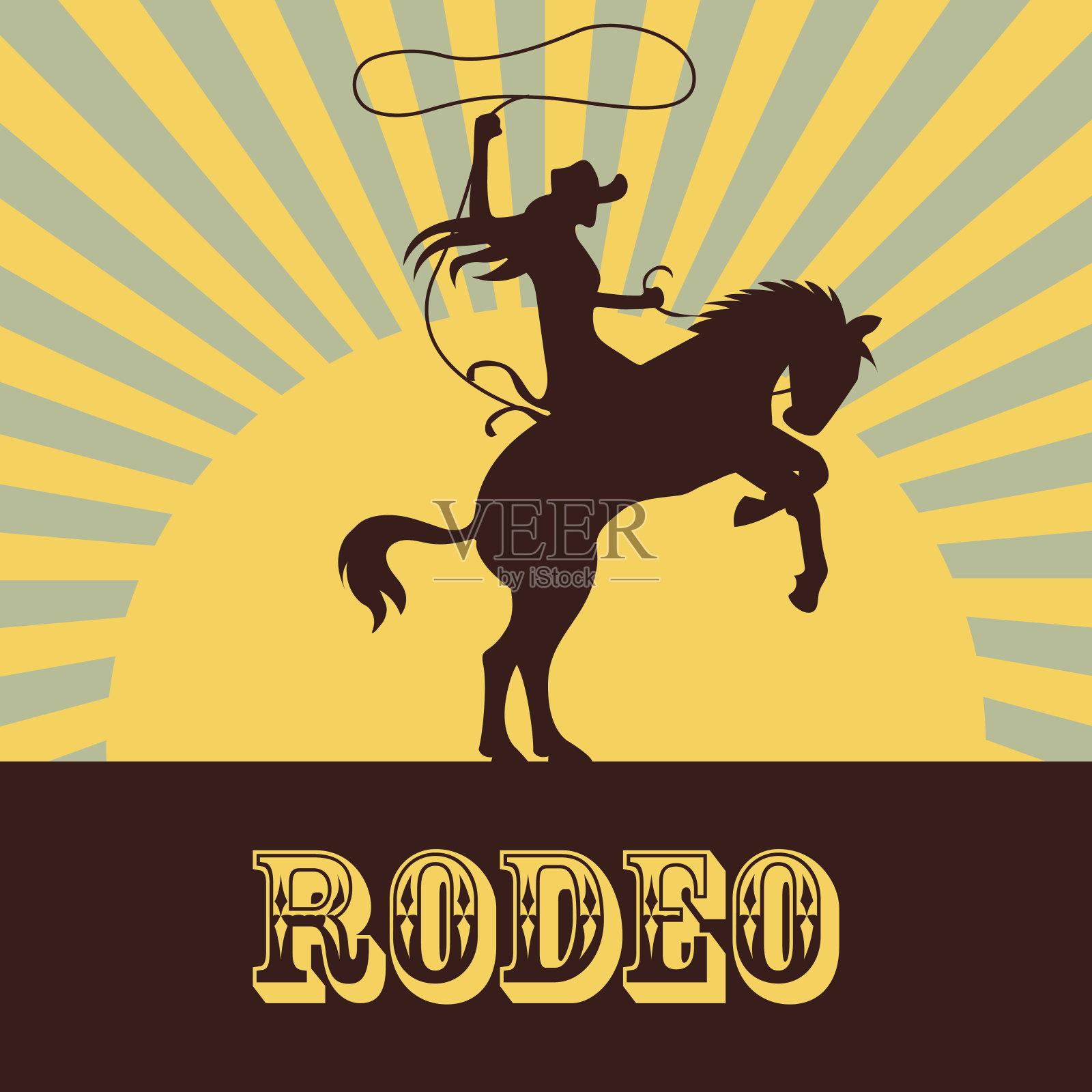 牛仔表演海报，女牛仔骑着野马和公牛的剪影。矢量图插画图片素材