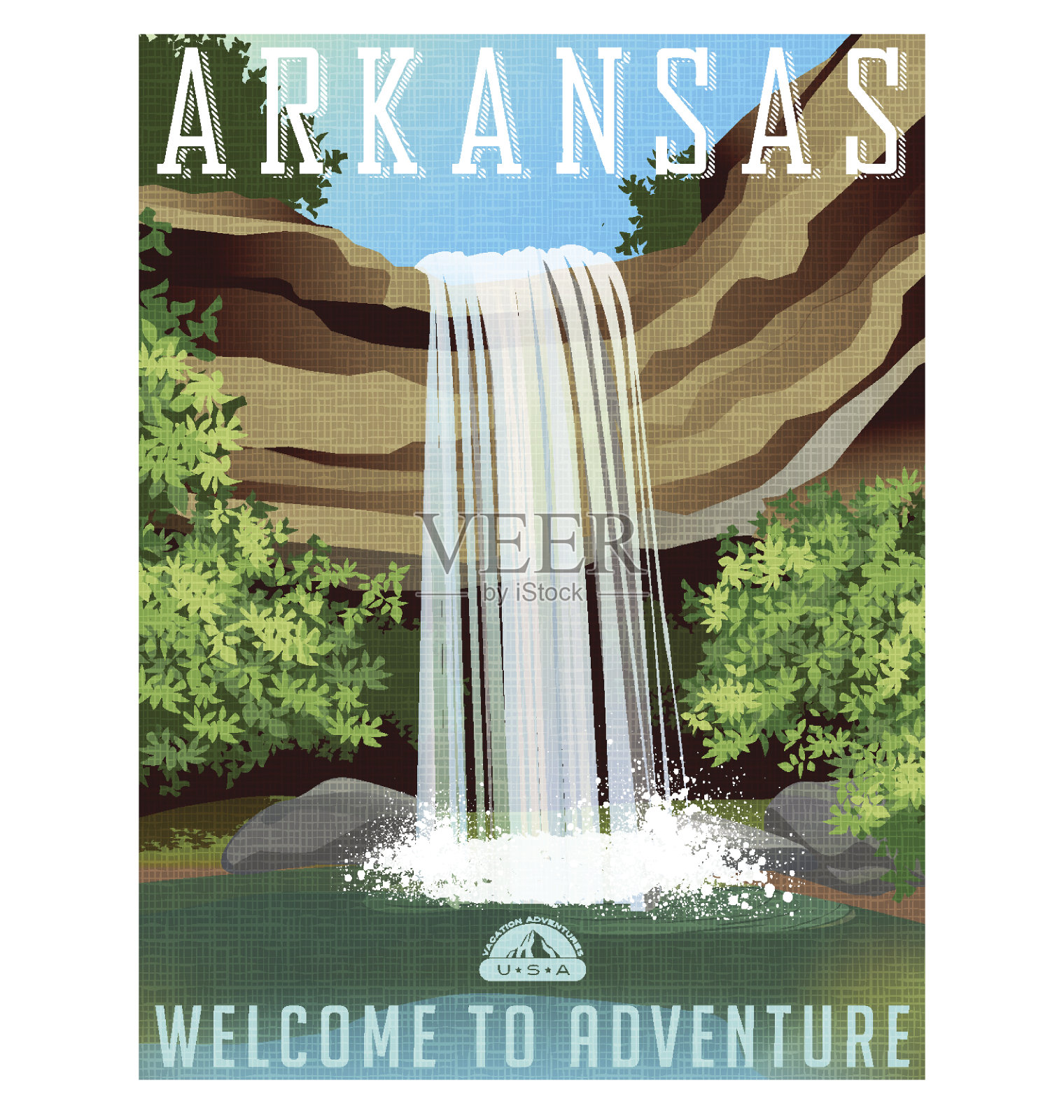 阿肯色州的旅游海报或贴纸。矢量插图的美丽的瀑布在岩石的突出设计模板素材