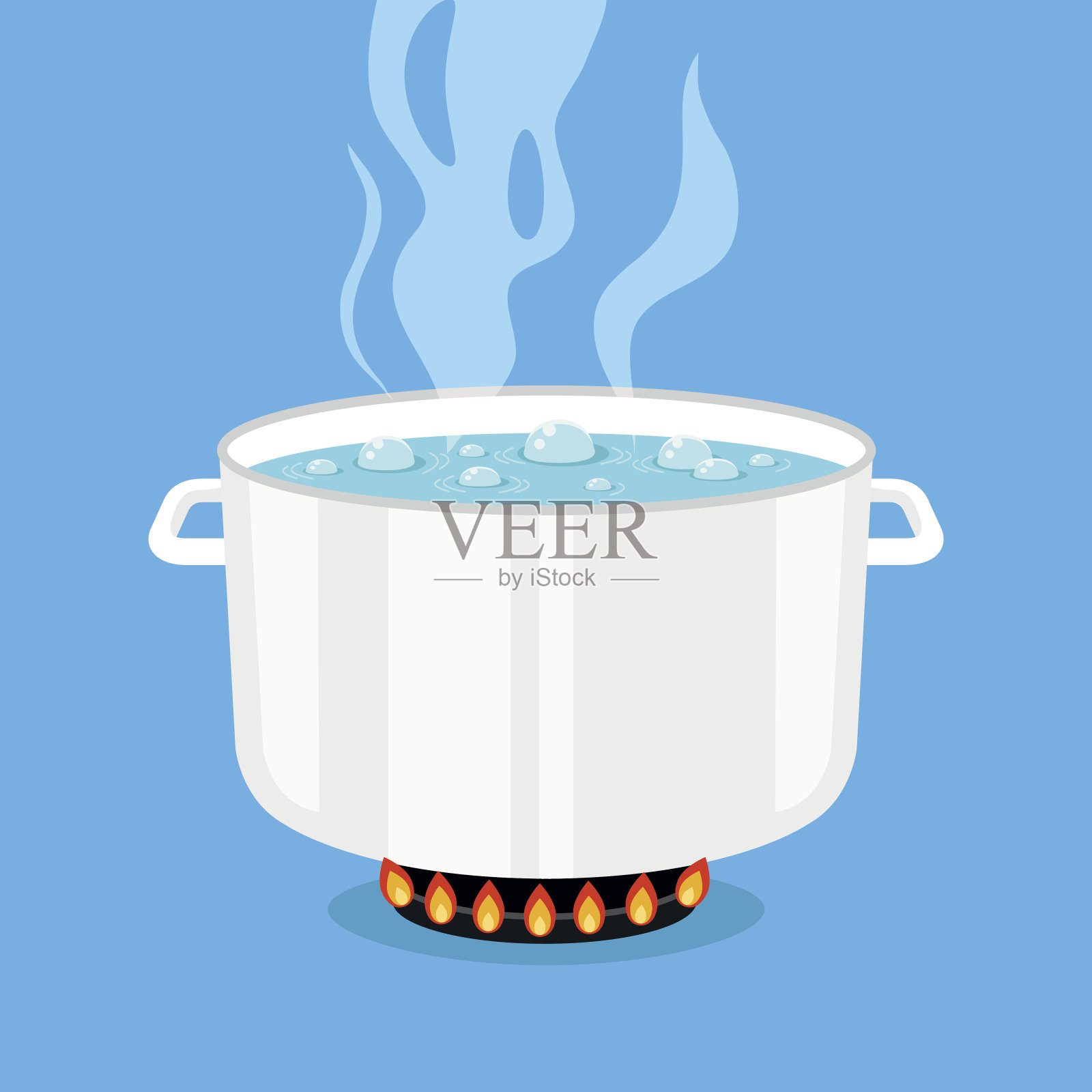 在锅里烧开水。白色锅在炉子上，热水和蒸汽。平面设计图形元素。矢量图设计元素图片