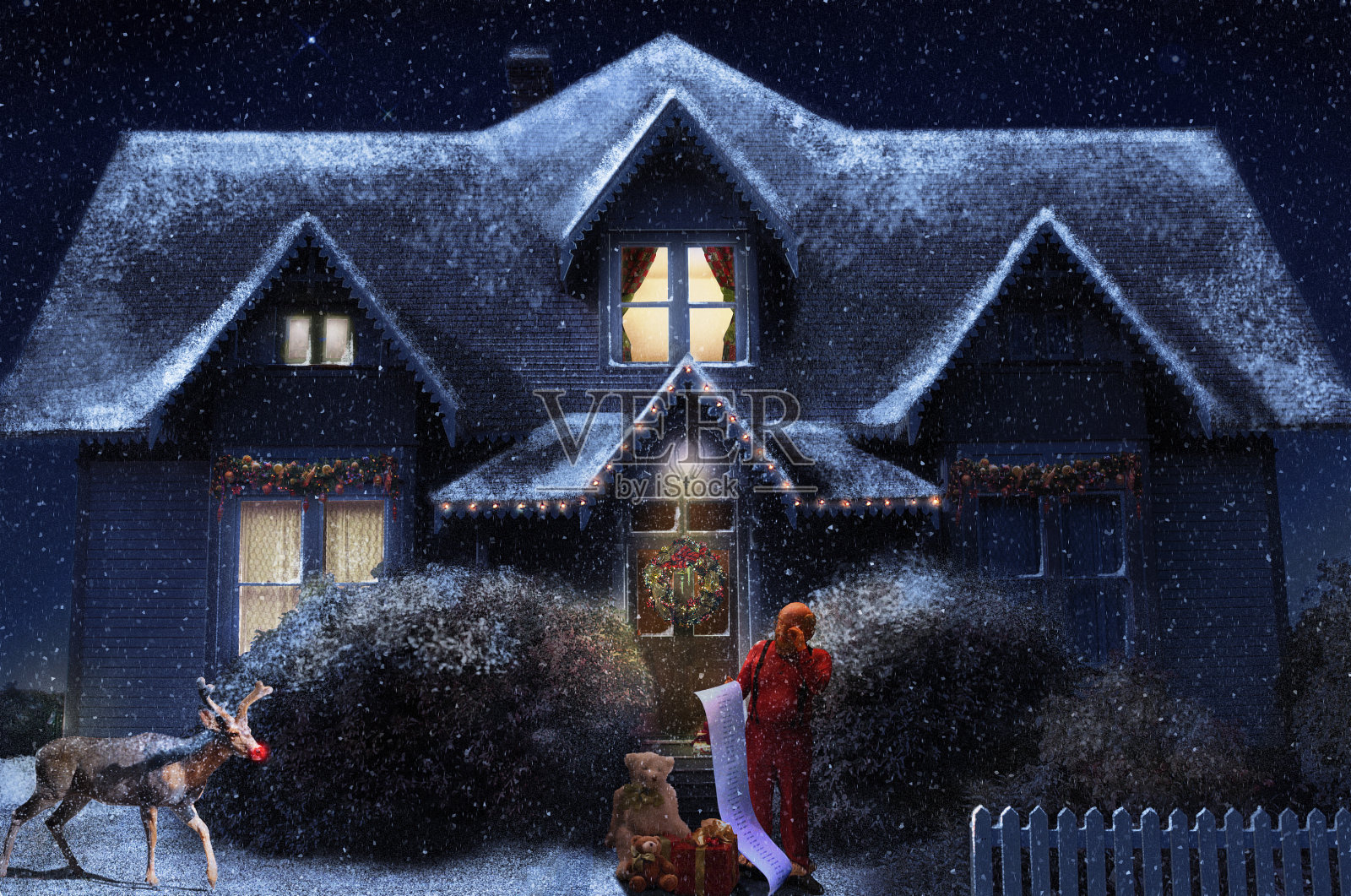 圣诞老人和驯鹿站在房子的插图前插画图片素材