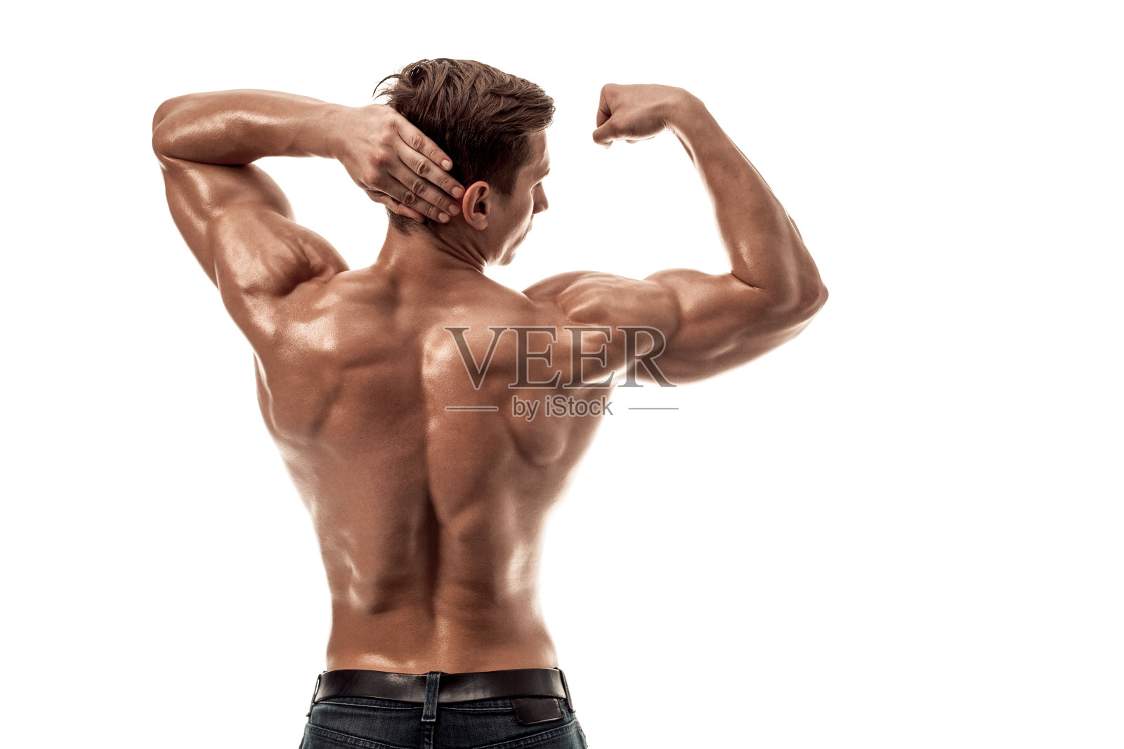 强壮的运动员健身模型摆背部肌肉，三头肌在白色的背景。本空间照片摄影图片