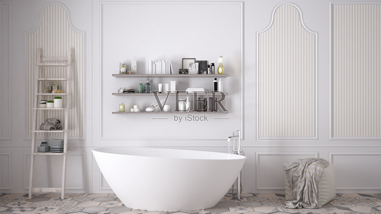 斯堪的纳维亚浴室，经典的白色复古室内设计照片摄影图片