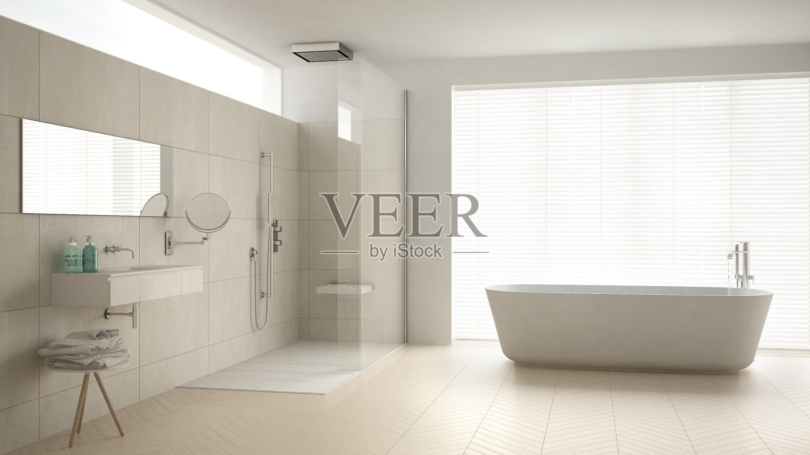 极简主义的浴室配有浴缸和淋浴，拼花地板和大理石瓷砖，经典的白色室内设计照片摄影图片
