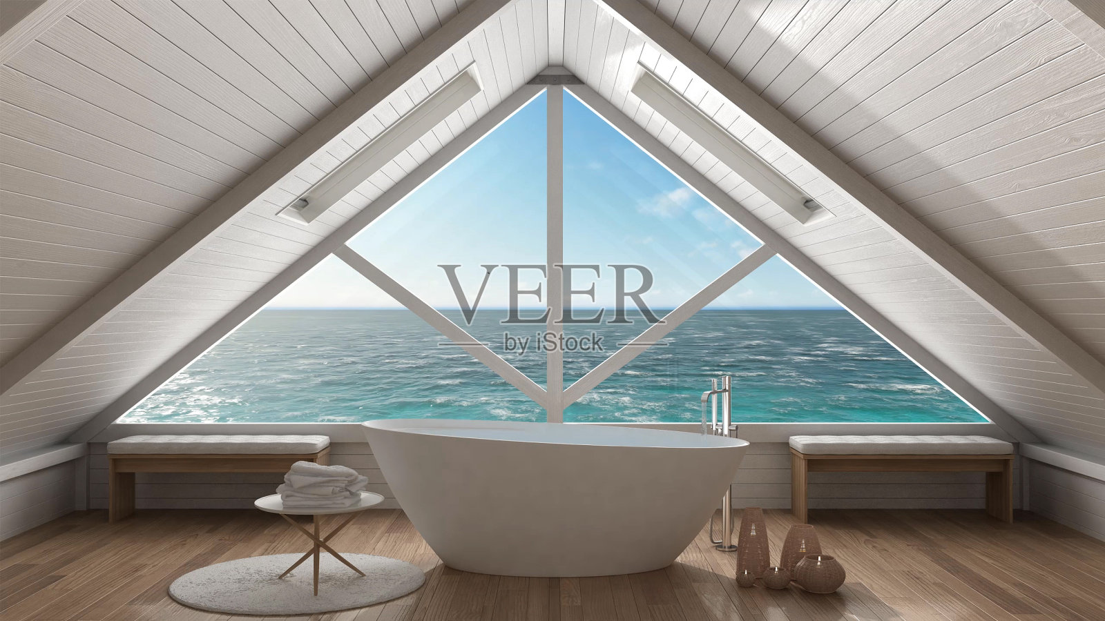 开阔海洋的全景窗，夹层阁楼，水疗浴室，极简的斯堪的纳维亚室内设计照片摄影图片