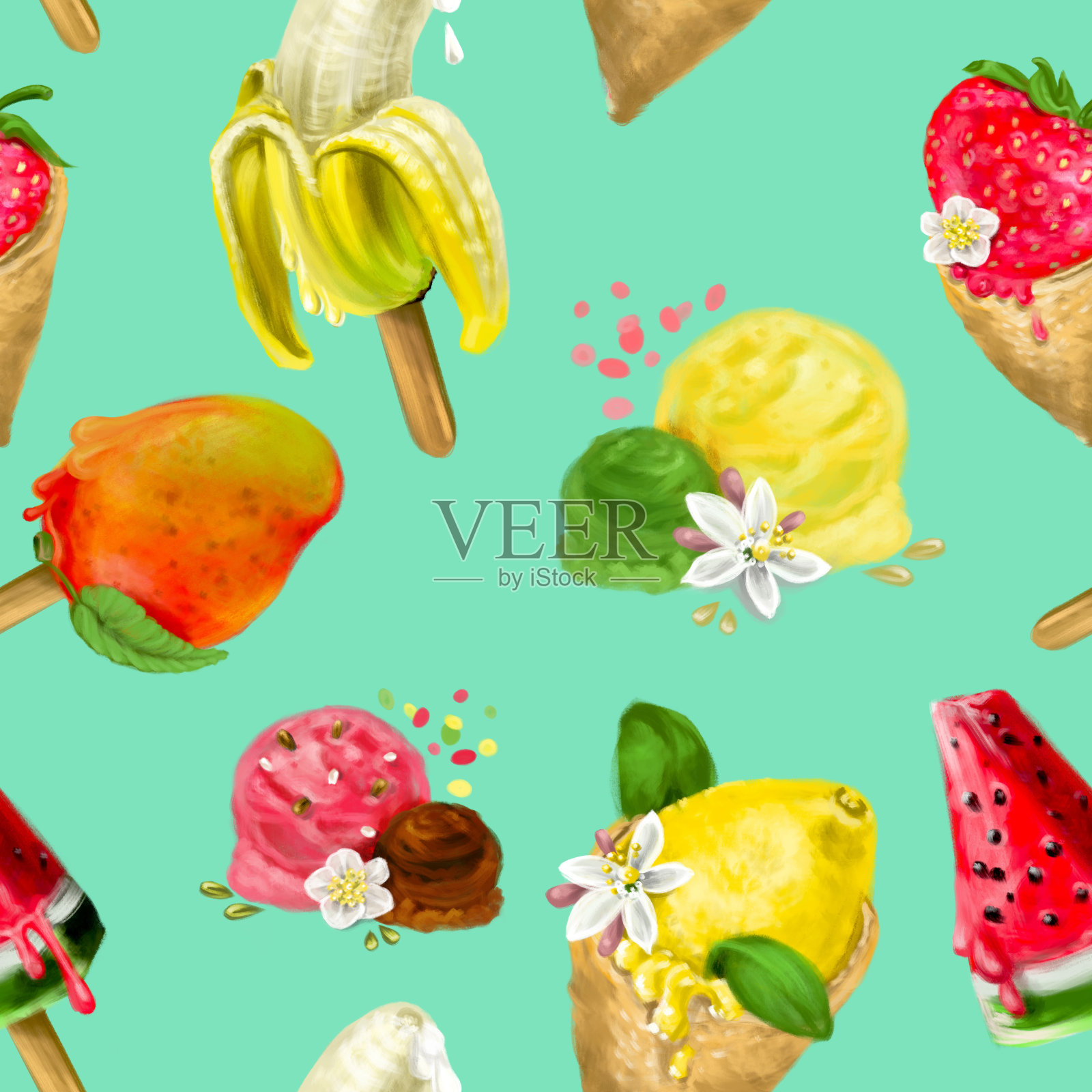 水果冰淇淋无缝模式插画图片素材