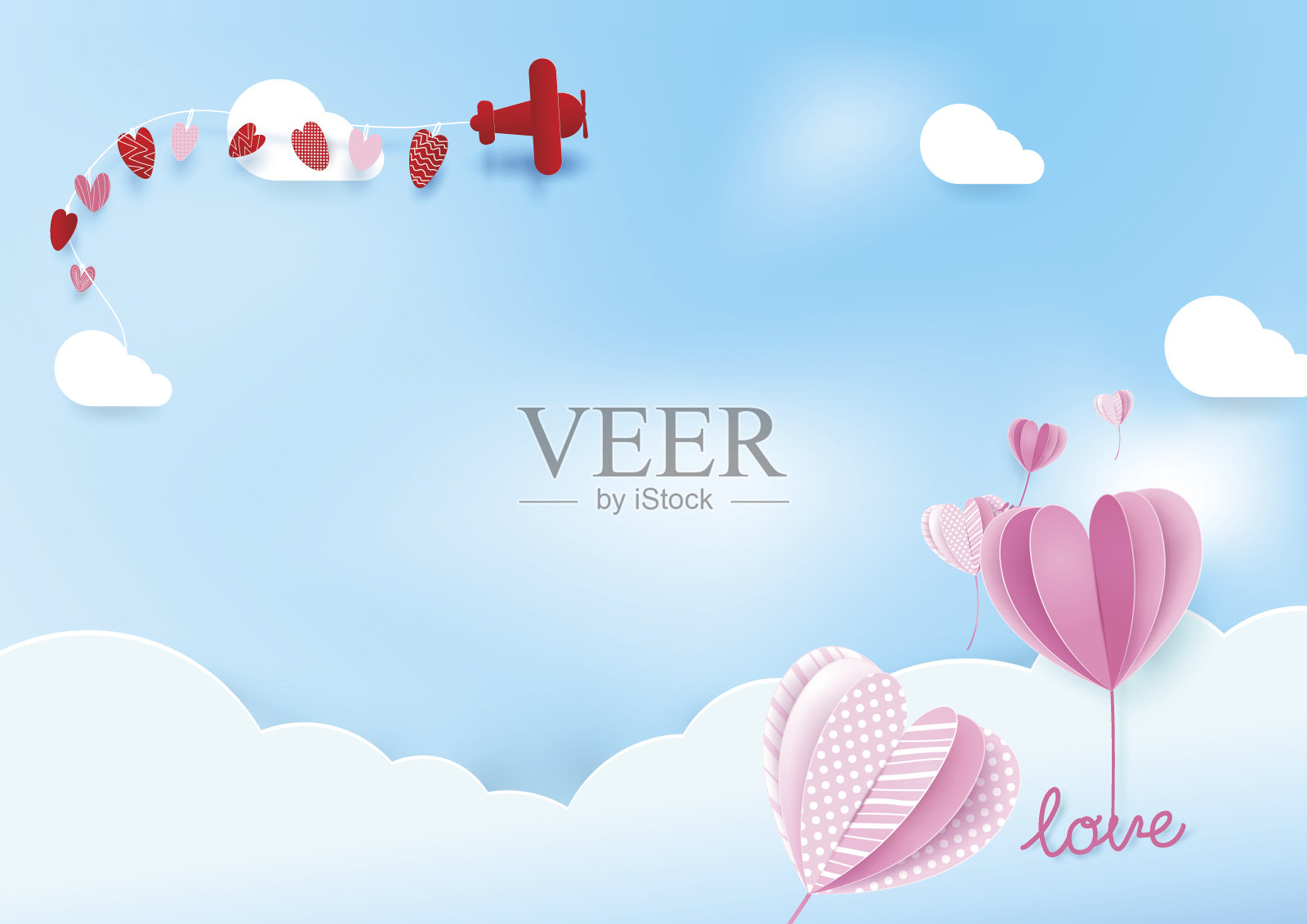 纸艺术风格心形气球与飞机在空中飞行。情人节和爱情的背景插画图片素材