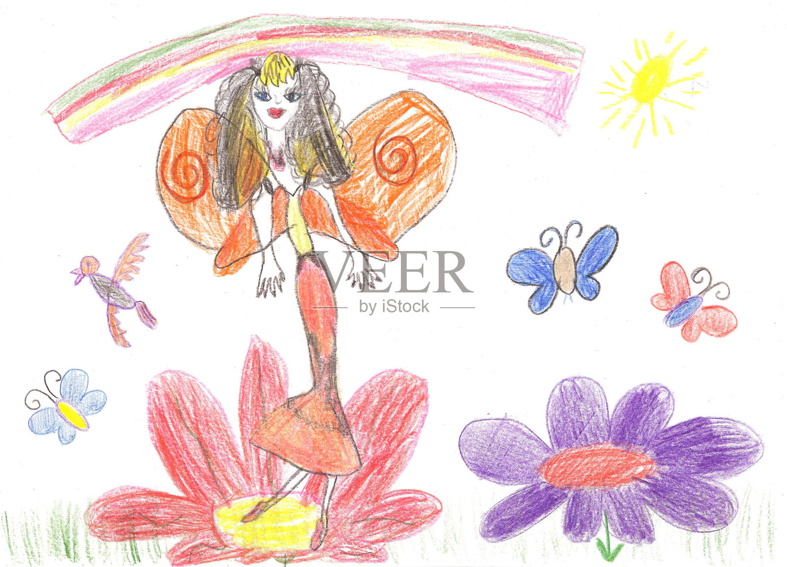 孩子画仙女在花上飞行插画图片素材