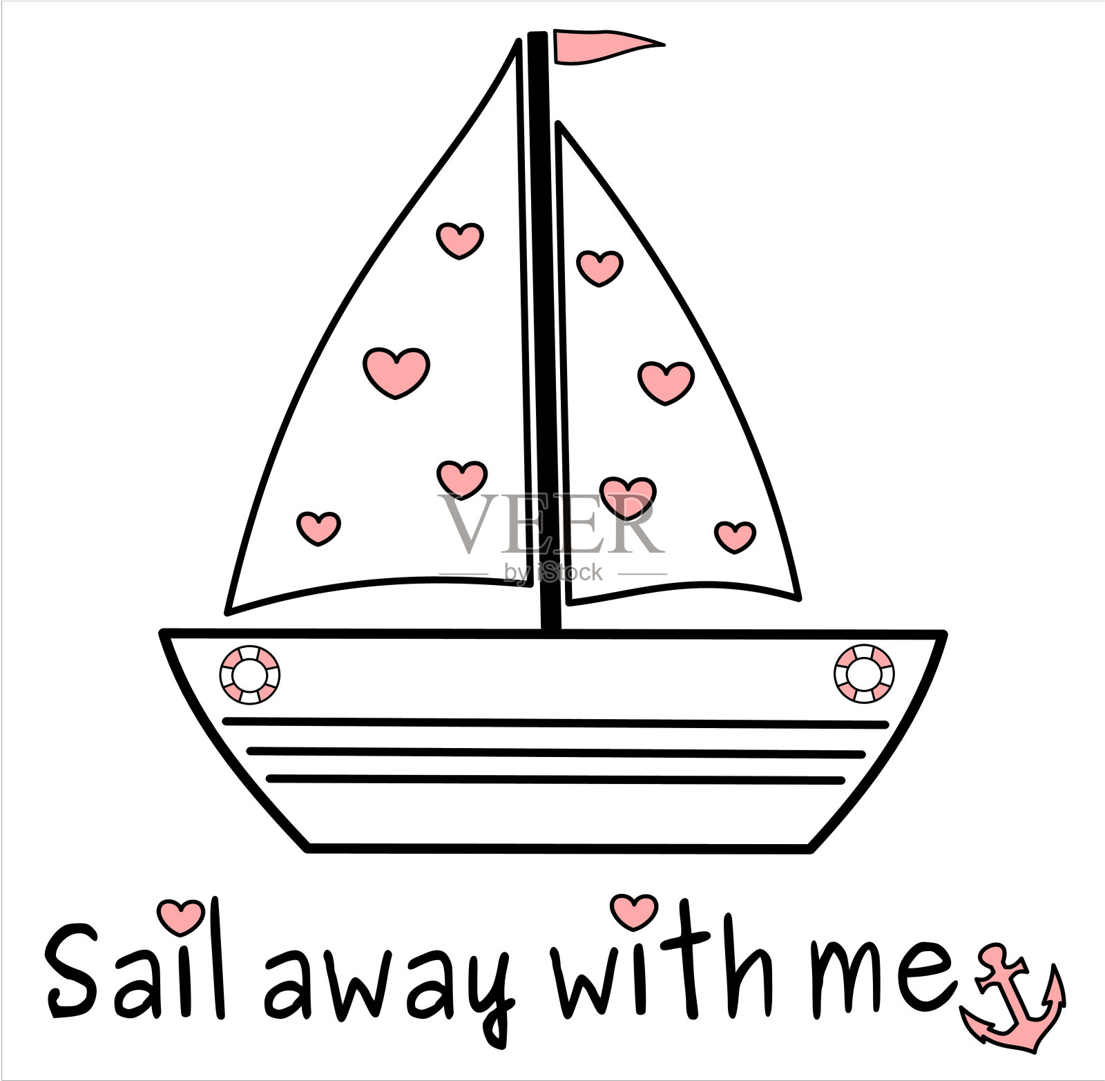 和我一起扬帆远航用可爱的卡通黑白粉色小船矢量浪漫概念插图插画图片素材