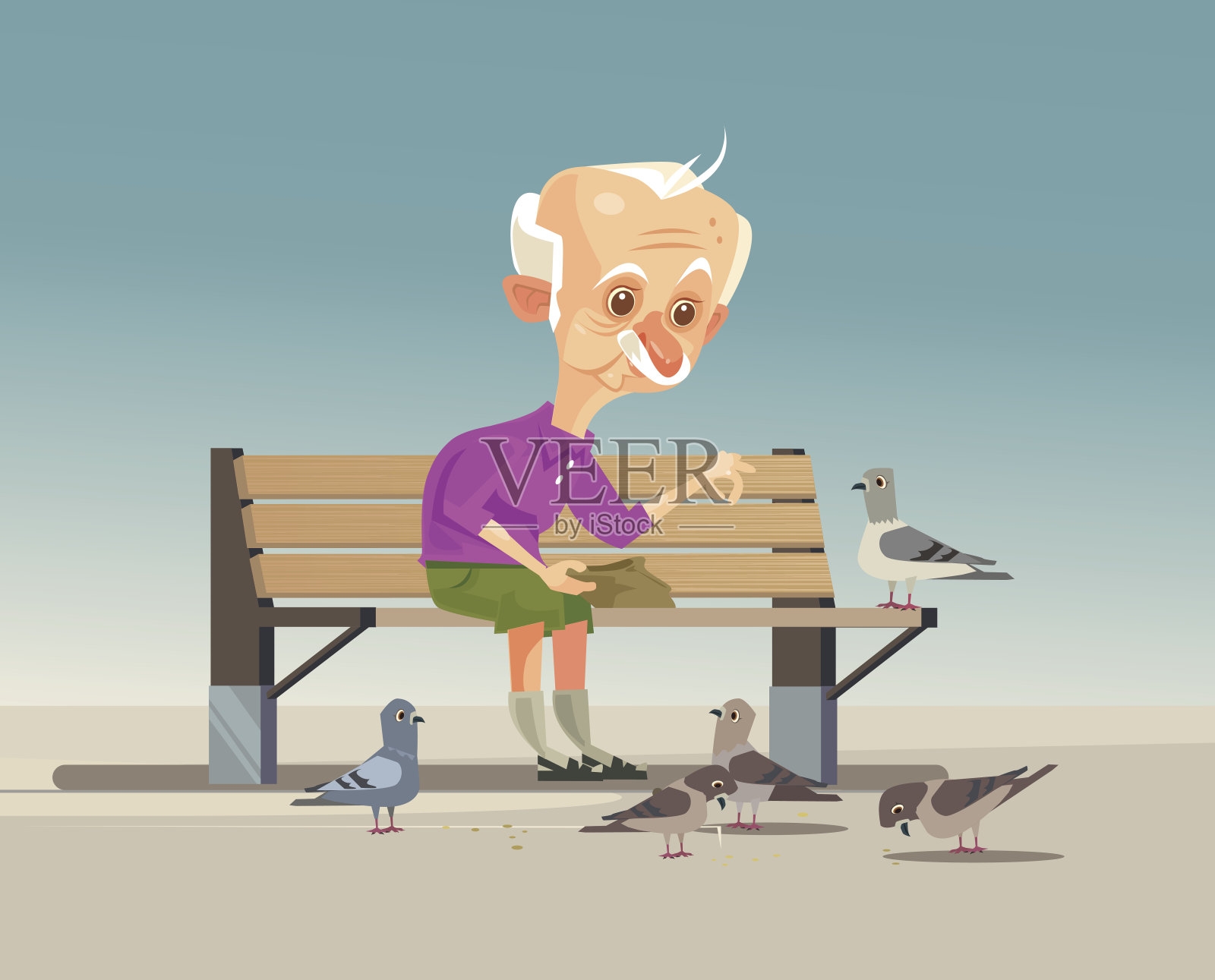 快乐微笑的老爷爷性格喂养鸽子插画图片素材