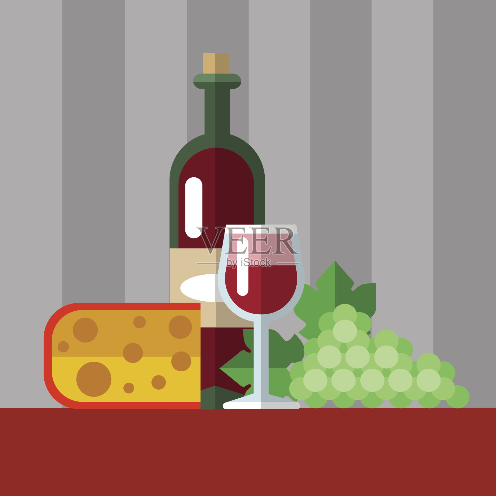一瓶红酒，一杯葡萄和奶酪插画图片素材