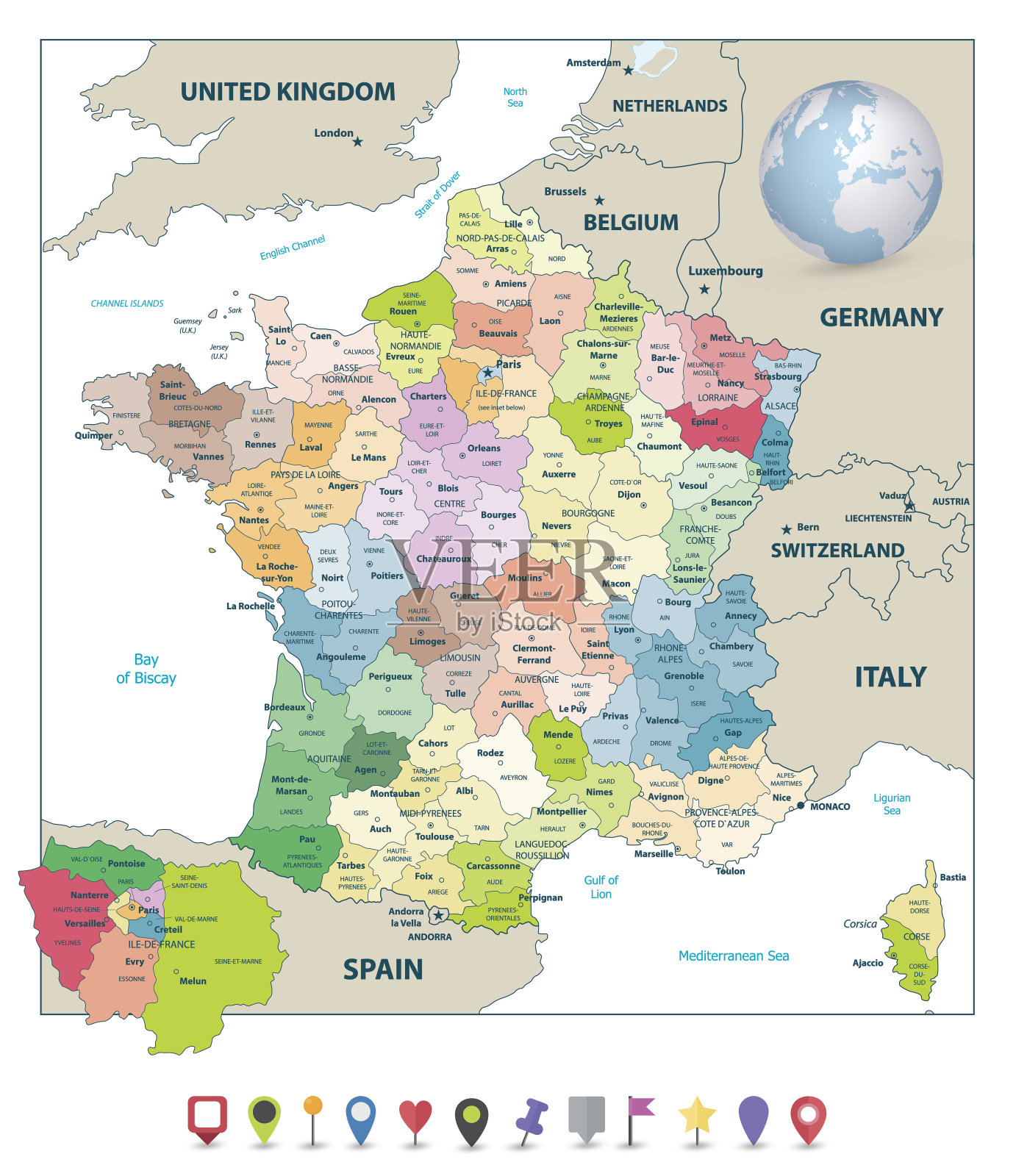 法国行政区划地图及平面导航图标插画图片素材