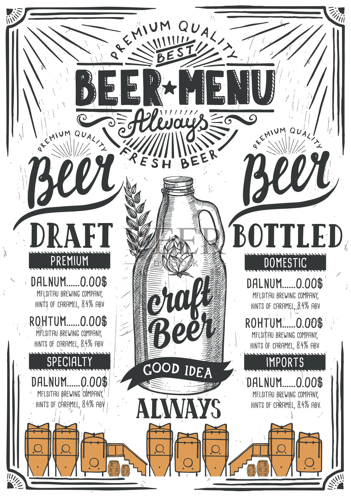 啤酒菜单餐厅，饮料模板。设计模板素材