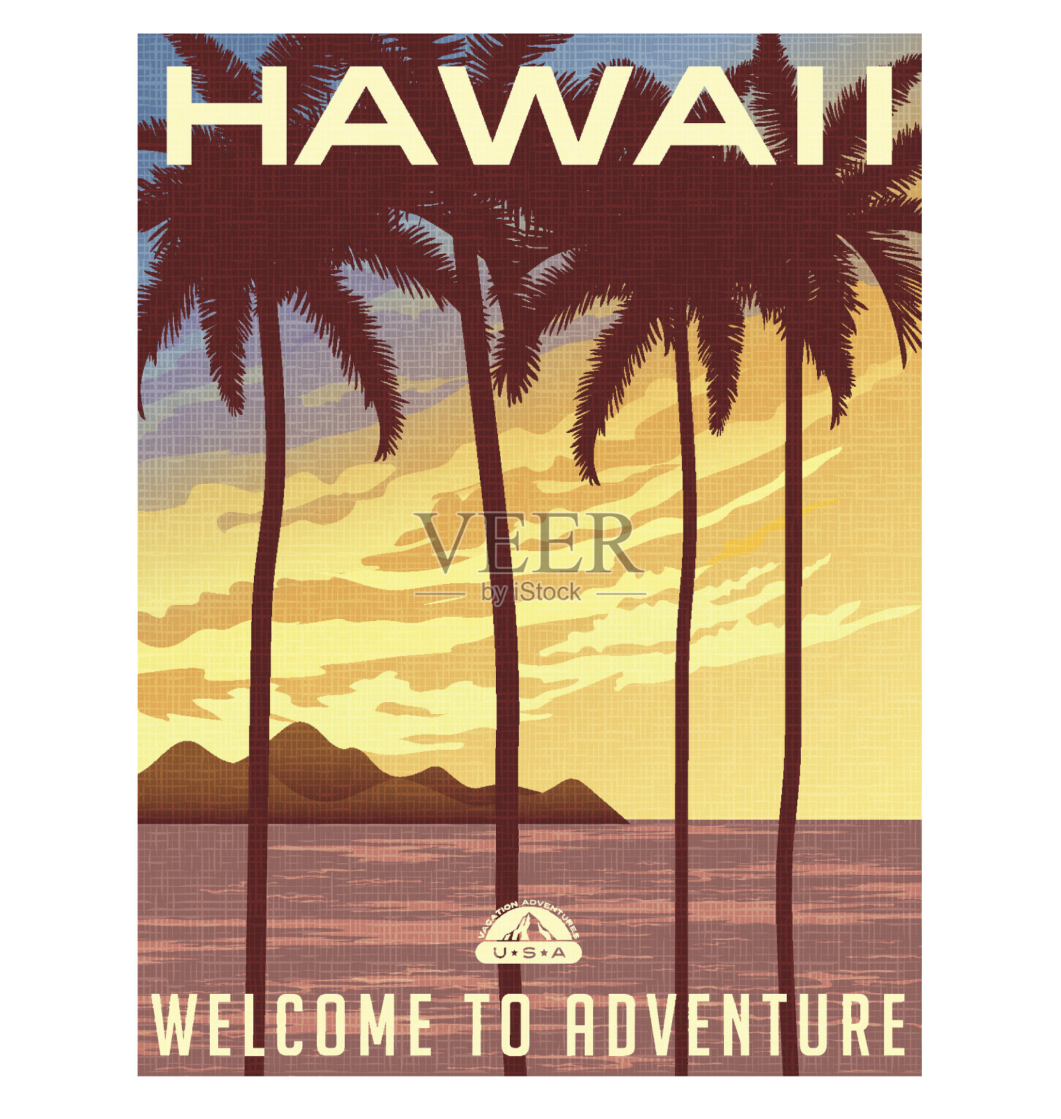 复古风格的旅行海报或贴纸。美国，夏威夷日落和棕榈树。插画图片素材