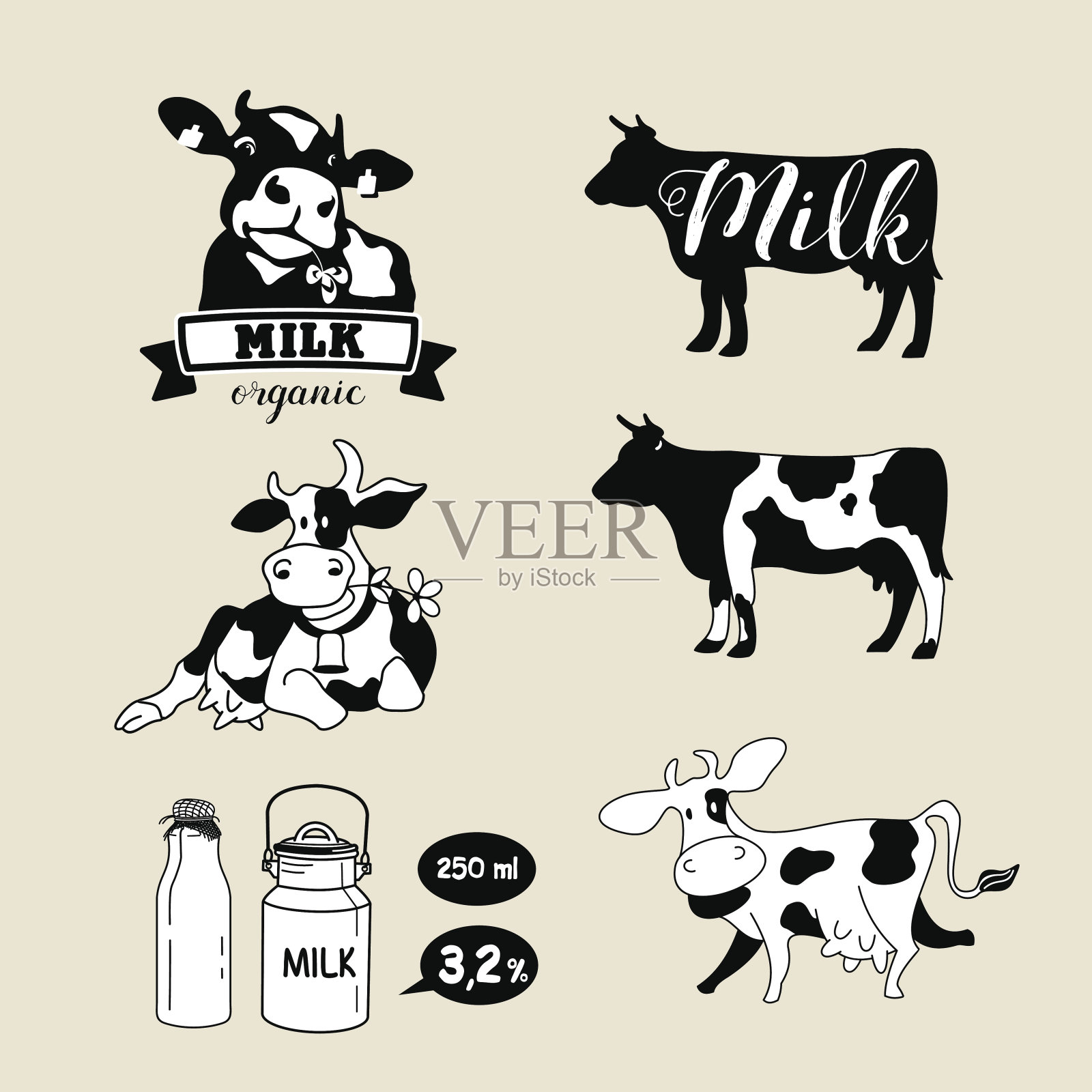 设置奶牛和牛奶标签，标志和设计元素。插画图片素材
