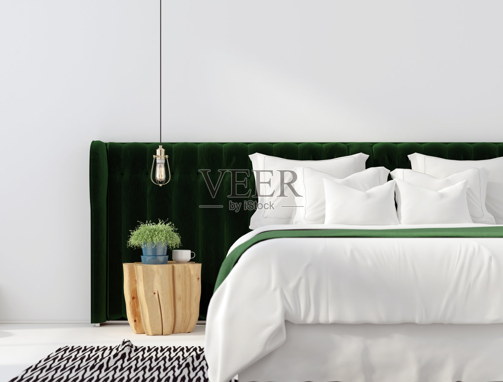 时尚的室内绿色床和木桌照片摄影图片