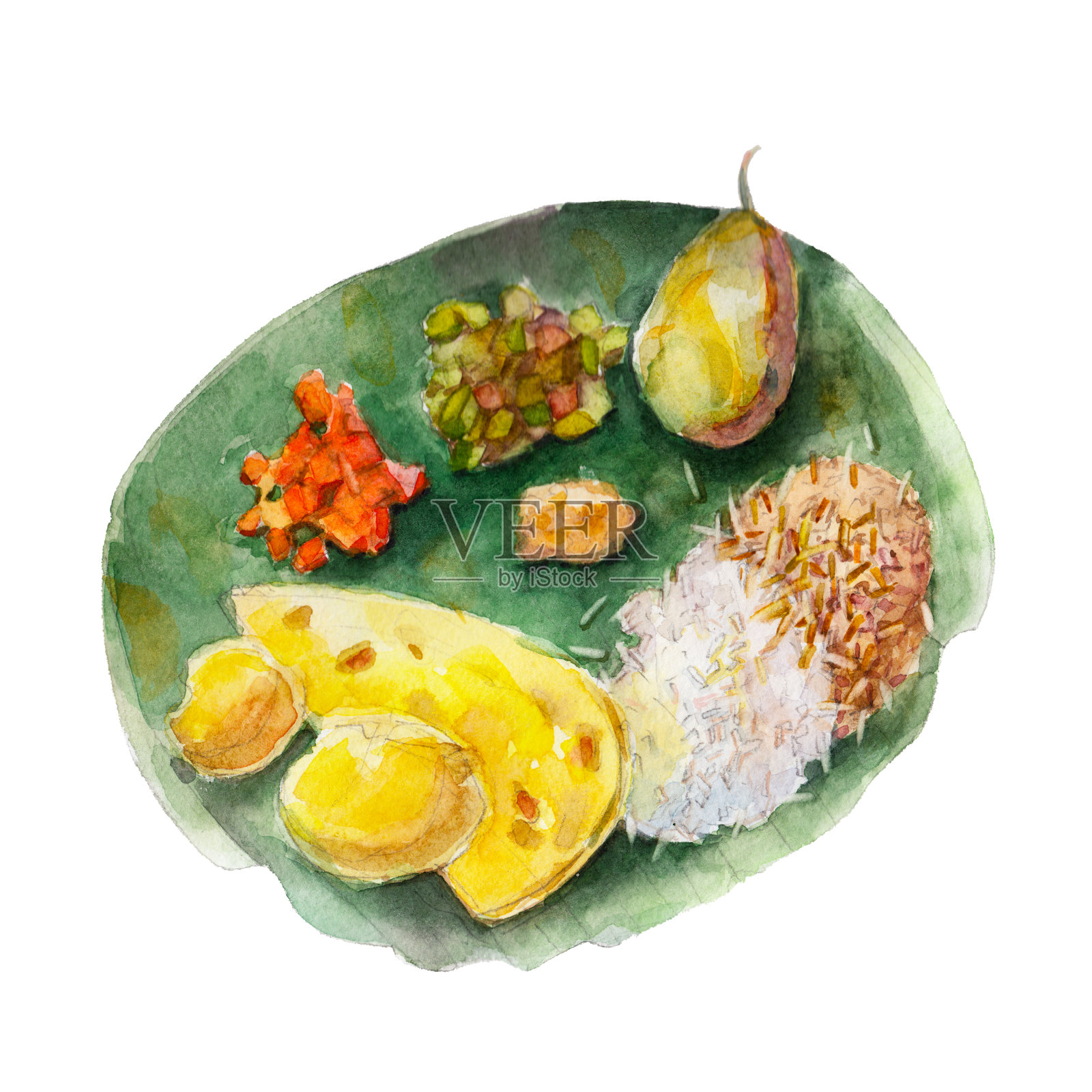 香蕉树叶子上的印度孟加拉民族食物，水彩插图孤立在白色背景上。插画图片素材